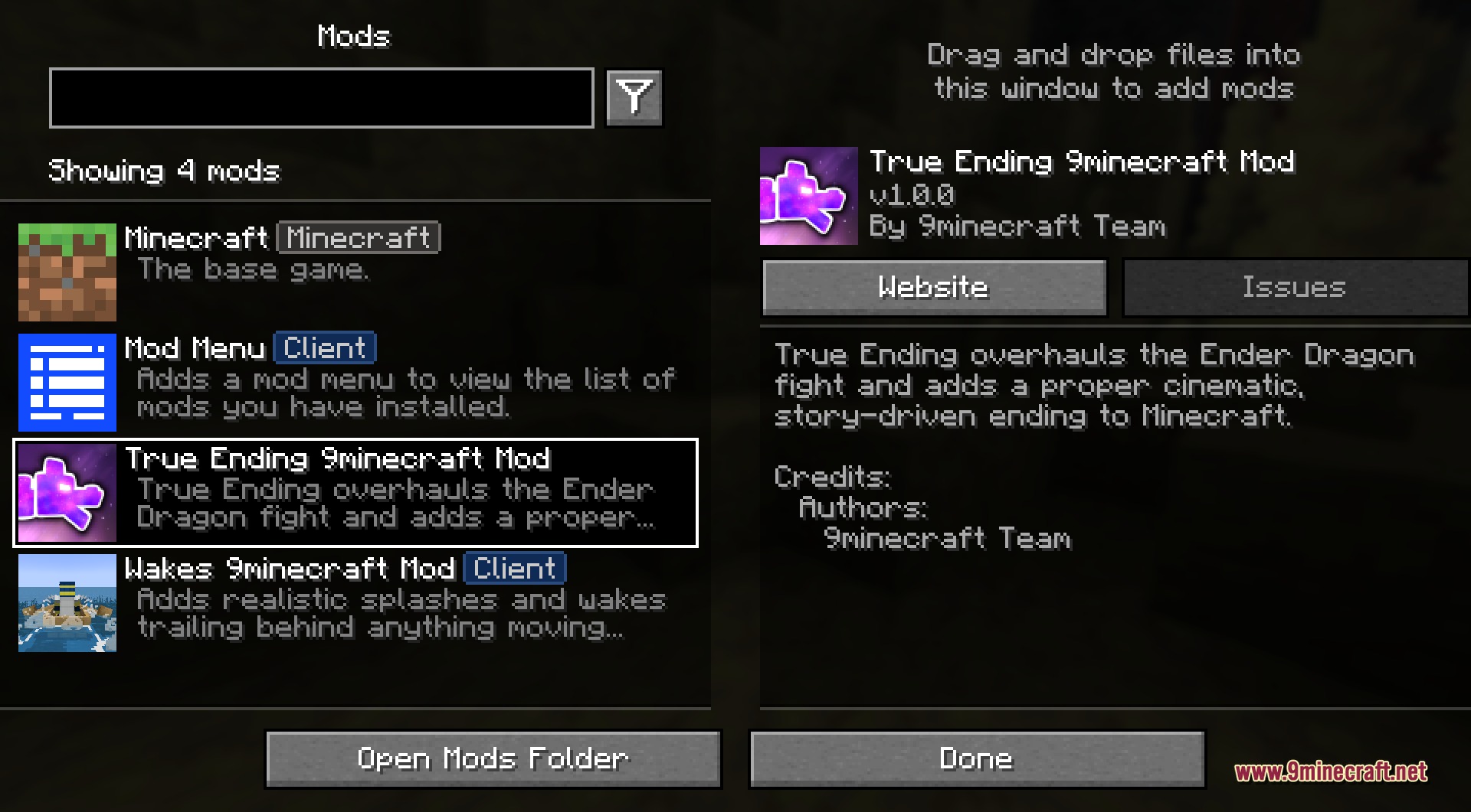 The mod's entry in the in-game mods list, shown loaded with its name and a clickable homepage link and a description of the overhauled Ender Dragon fight and cinematic ending it adds