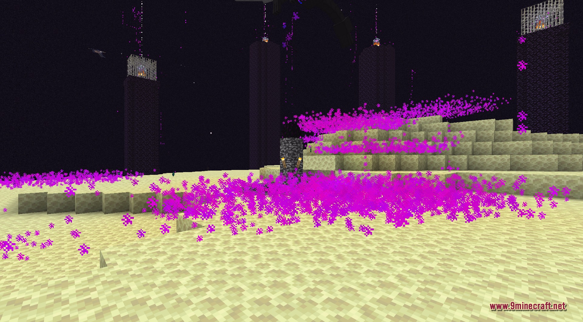 The dragon unleashing a heavy energy attack, flooding the End island with a dense burst of glowing magenta beams and particles at the climax of the fight