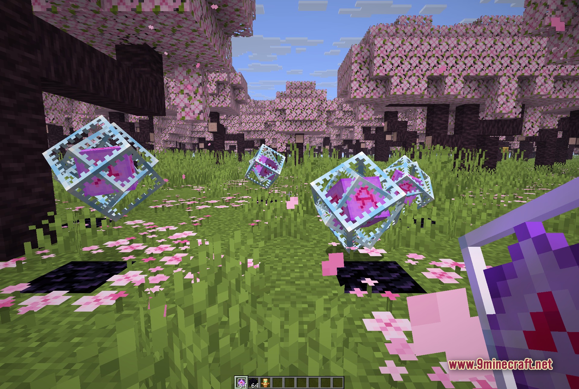First-person view of the player near end crystals and obsidian pillars on the Crystal PvP arena
