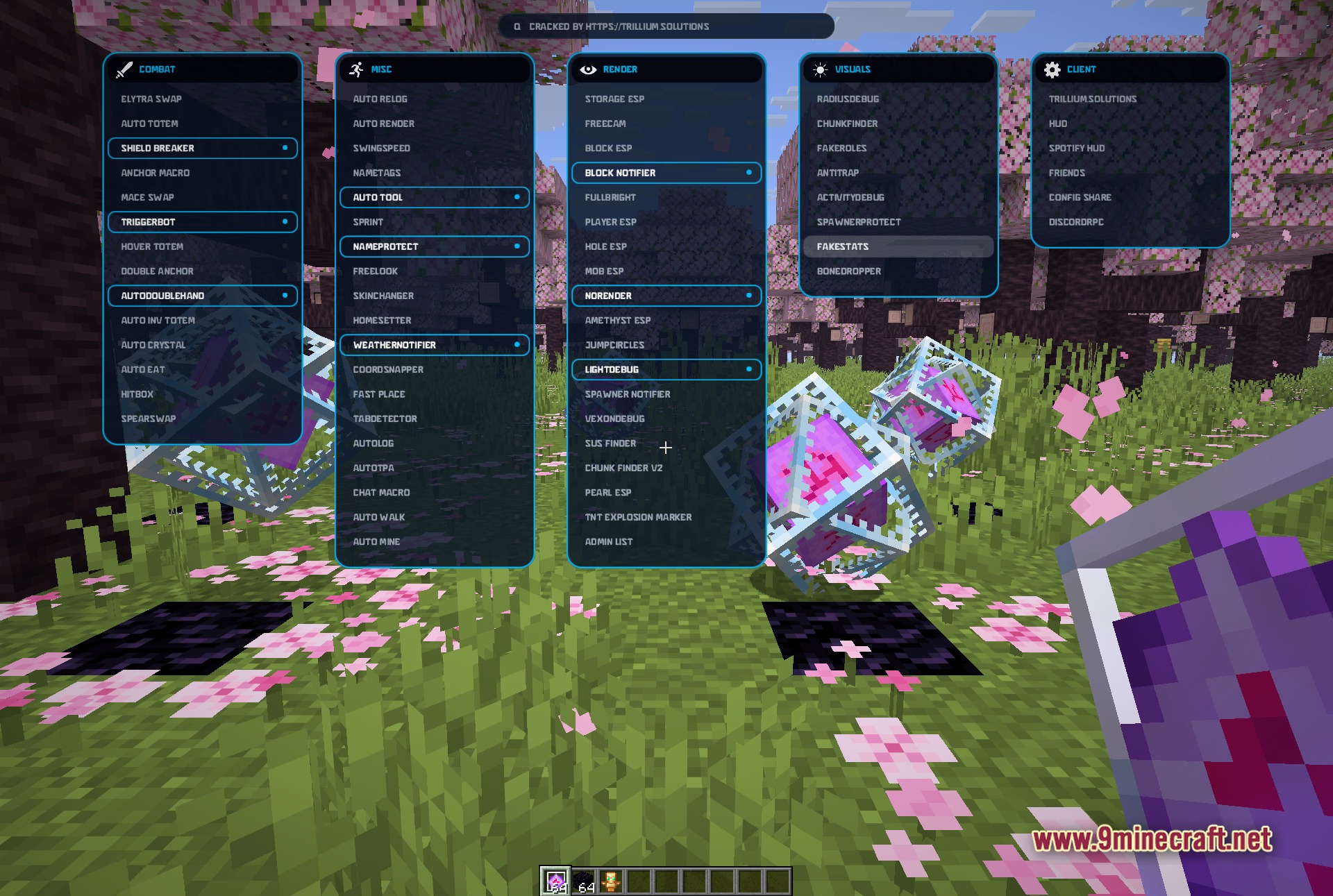 Vexon Client ClickGUI with several combat and misc modules toggled on, showing the blue-highlighted rows and green indicator dots