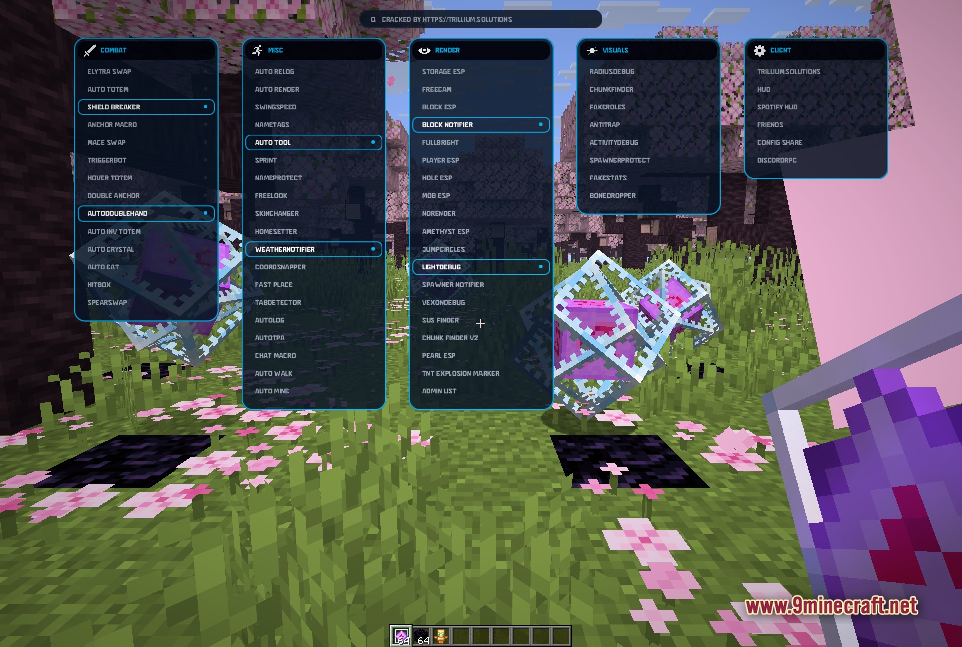 Vexon Client ClickGUI with additional render and visuals modules enabled, demonstrating the module search and toggle workflow across categories