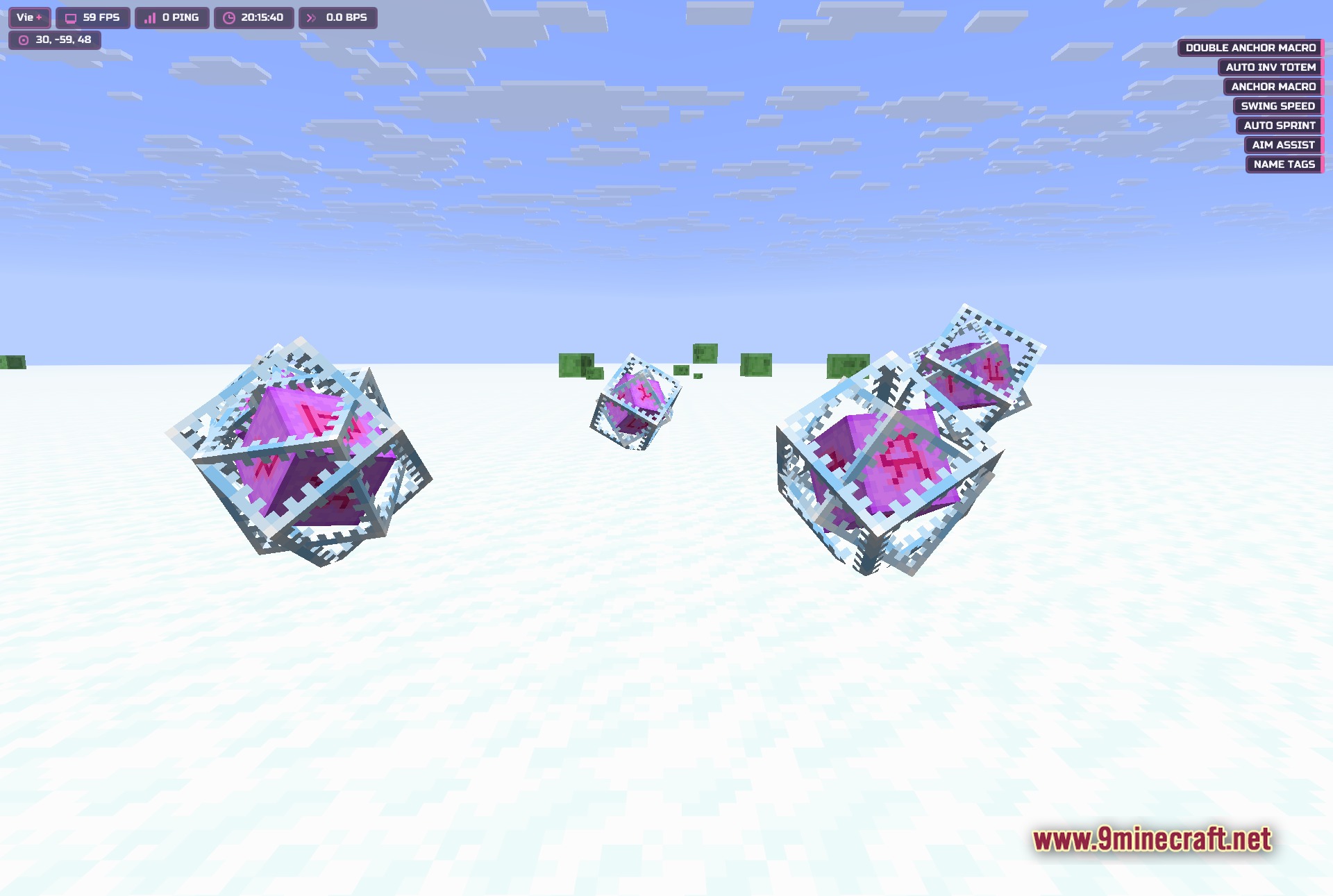 Vie Client Mod Screenshot 1 First-person view of the player near end crystals and obsidian pillars on the Crystal PvP arena
