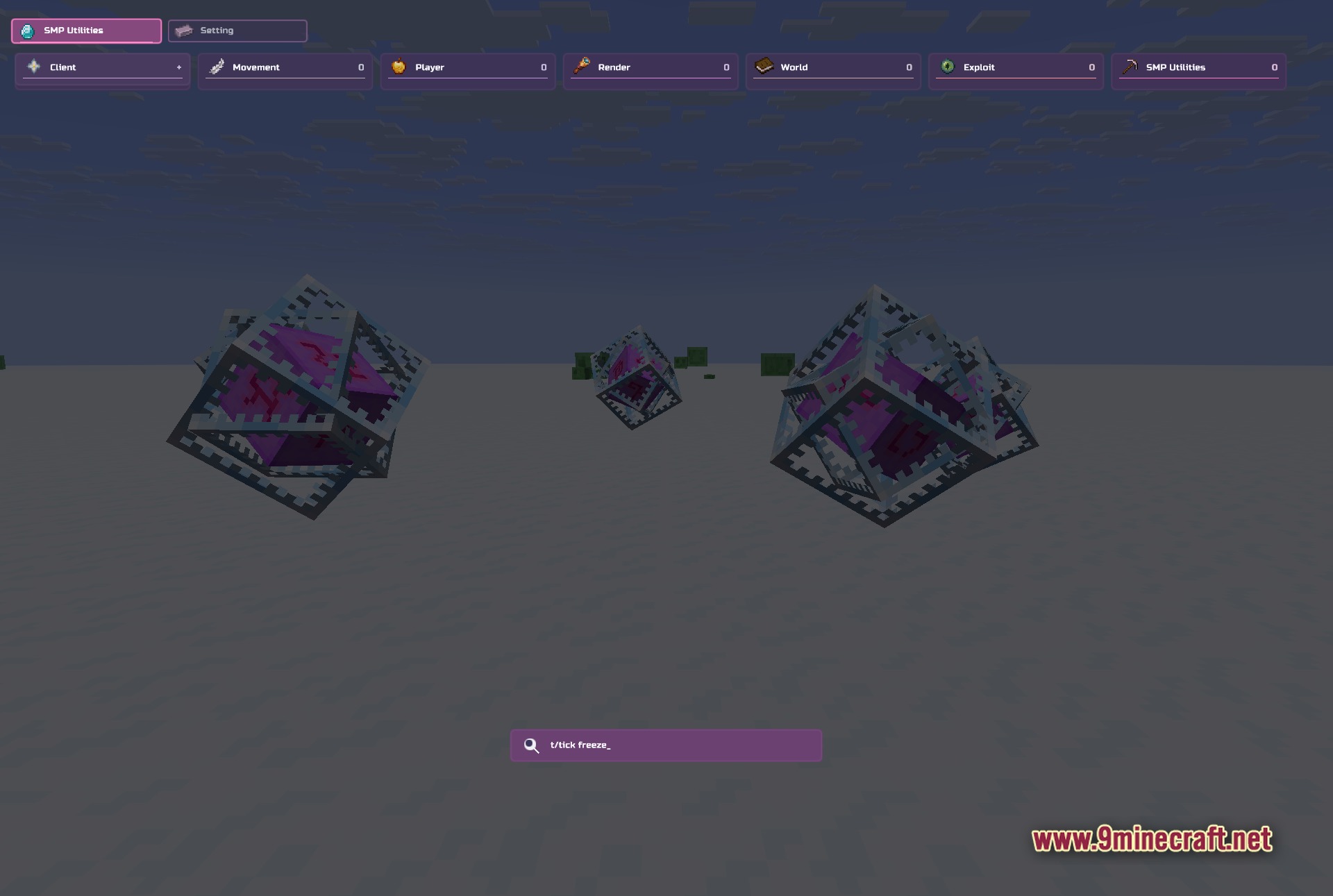 Vie Client Mod Screenshot 2 Vie Client purple-themed ClickGUI opened over the arena showing seven module category columns (Client, Movement, Player, Render, World, Exploit, SMP Utilities)