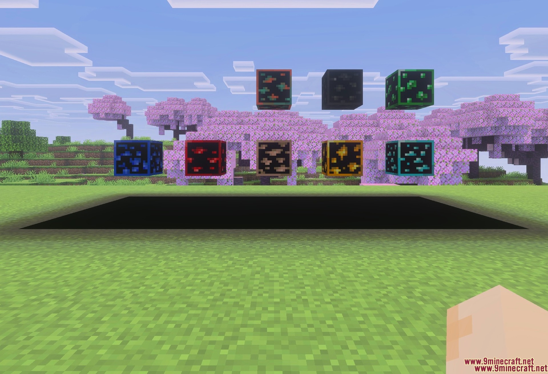 A solid stone wall with the pack on: only the glowing ores stay visible