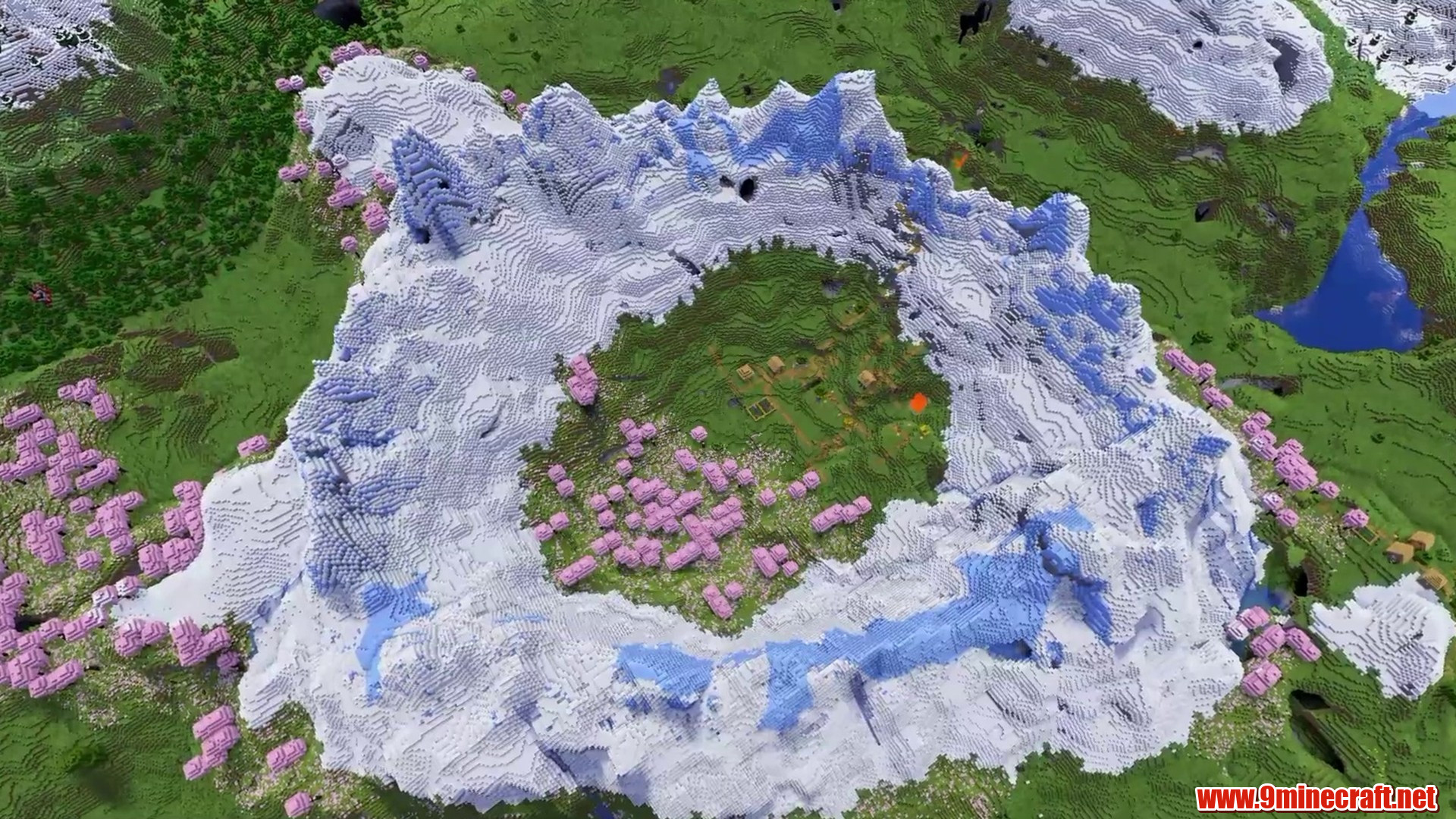 Cherry Grove Village Caldera - Minecraft seed 1989465135391661767