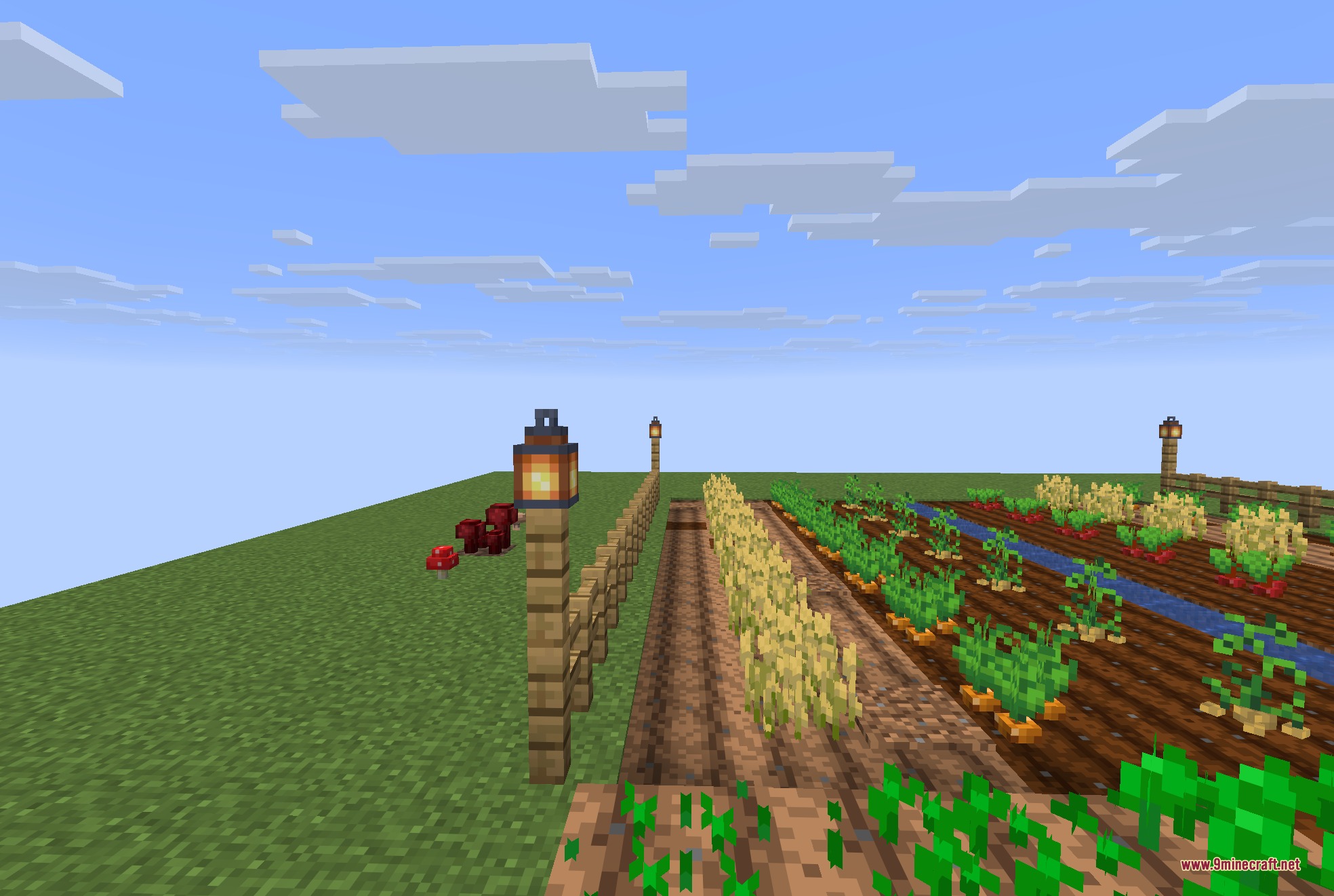 A lantern on a fence post next to 3D wheat and carrot crops