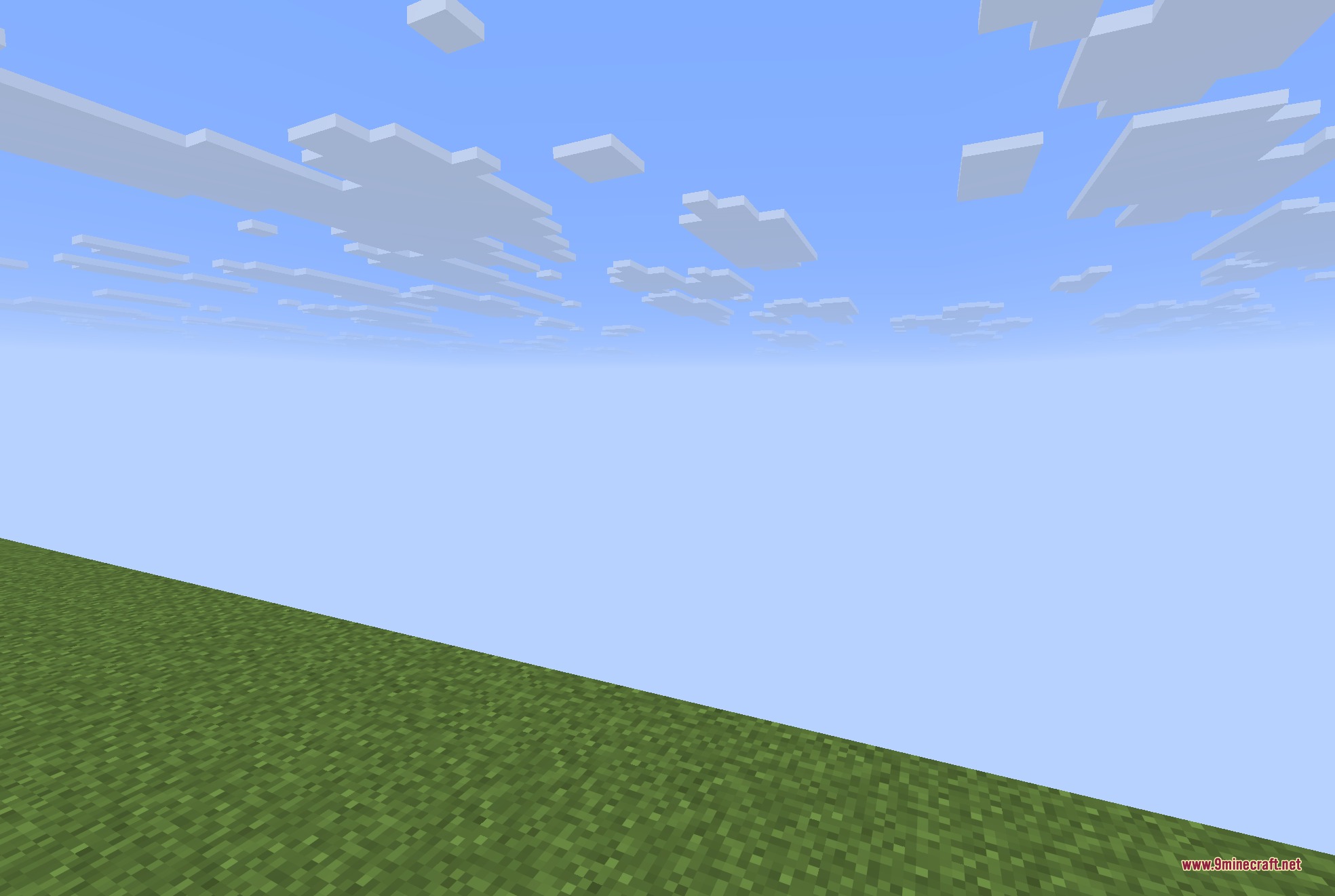 A low angle view of the Minecraft sky with blocky white clouds