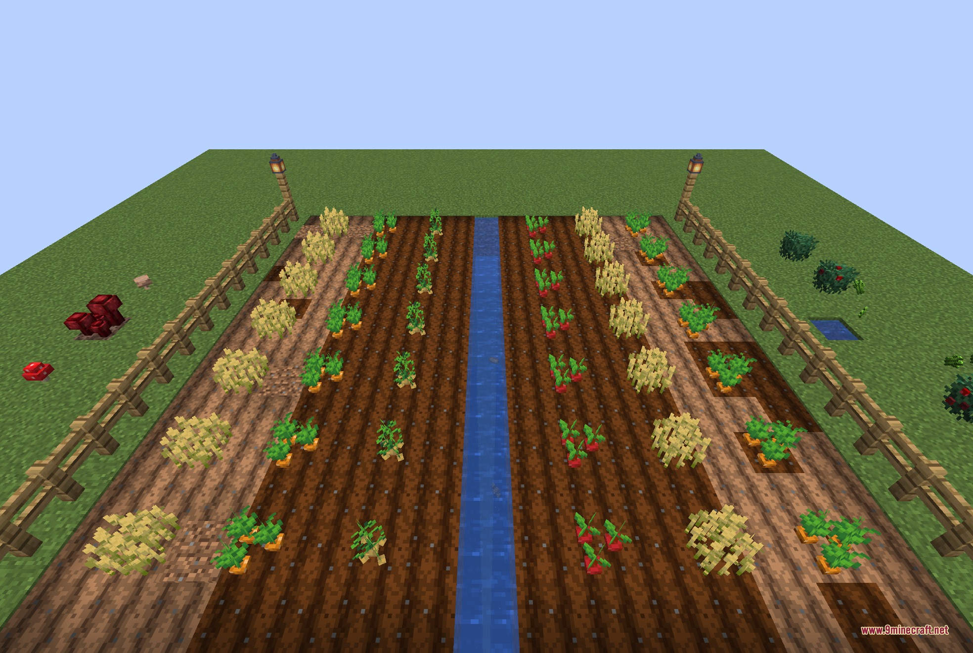 A Minecraft farm showcasing the 3D Crops resource pack with detailed plants