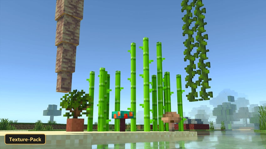 various 3D blocks in a sunny outdoor scene with water