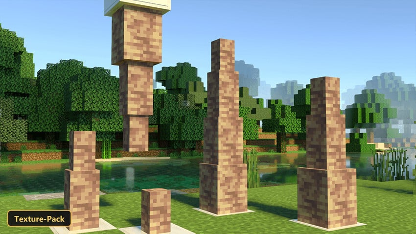 sandstone blocks in a lush forest biome with a pond