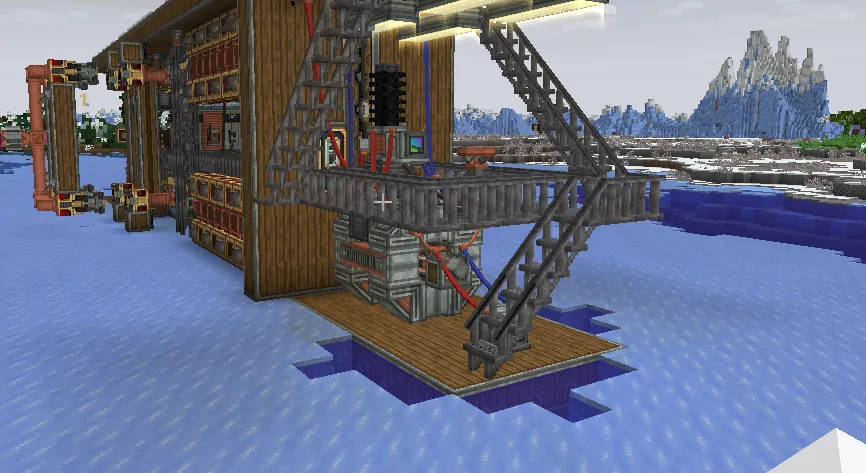 40l100me C1.1 Engine Schematic Screenshots 1 A complex mechanical engine with metal stairs and pipes over frozen water