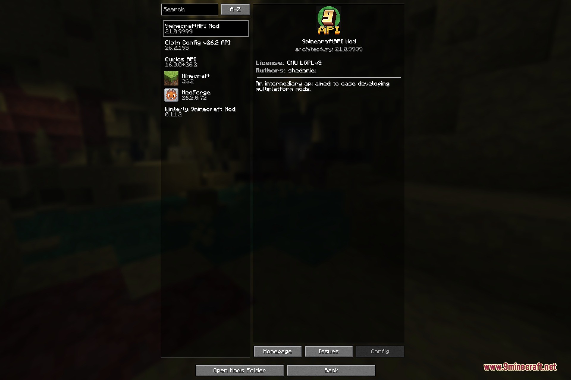 9minecraftAPI Mod shown in the mods list - the Architectury API library that many multiplatform mods require