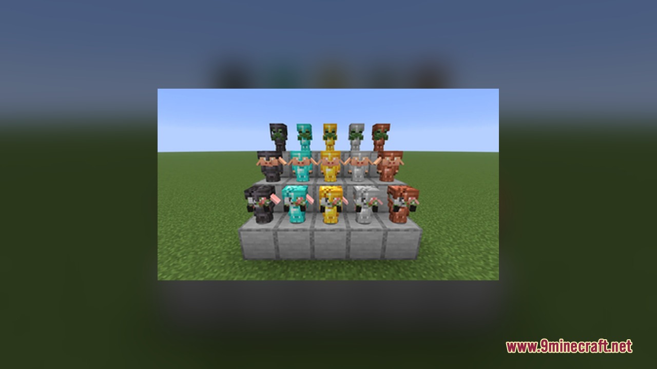 AL's Advanced Armory Resource Pack Screenshot 2 Baby mobs and piglins wearing custom armor models on stone blocks