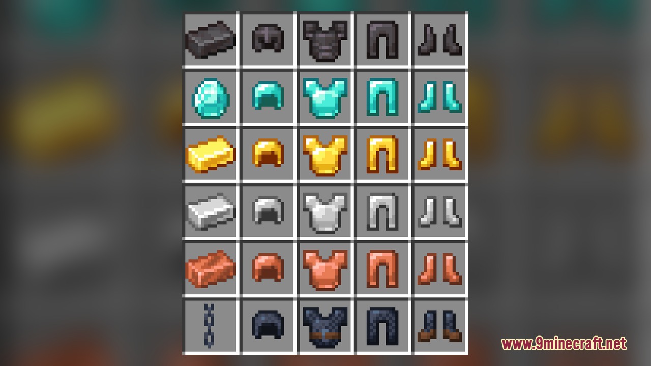 AL's Advanced Armory Resource Pack Screenshot 5 A grid showing various Minecraft armor sets and their base crafting items