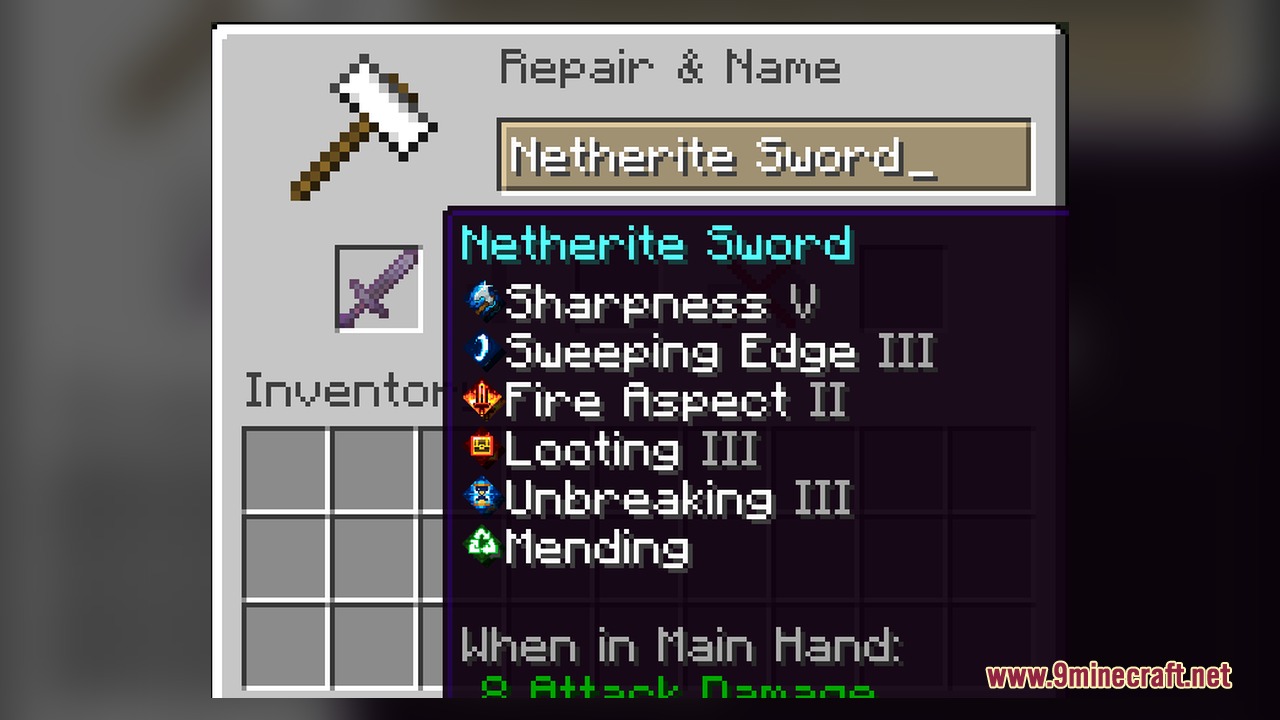 Netherite Sword in an anvil menu showing various enchantments with custom icons