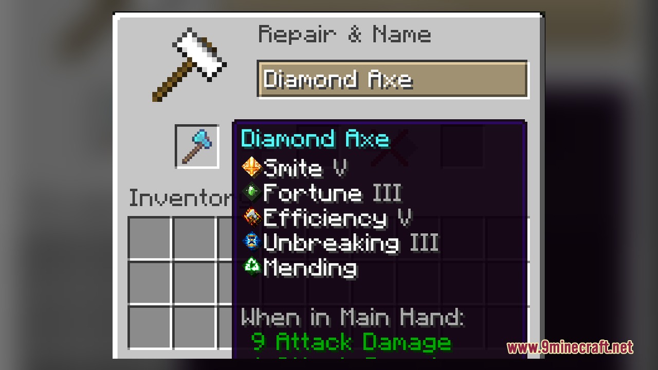 Diamond Axe with custom enchantment icons displayed in the anvil repair menu