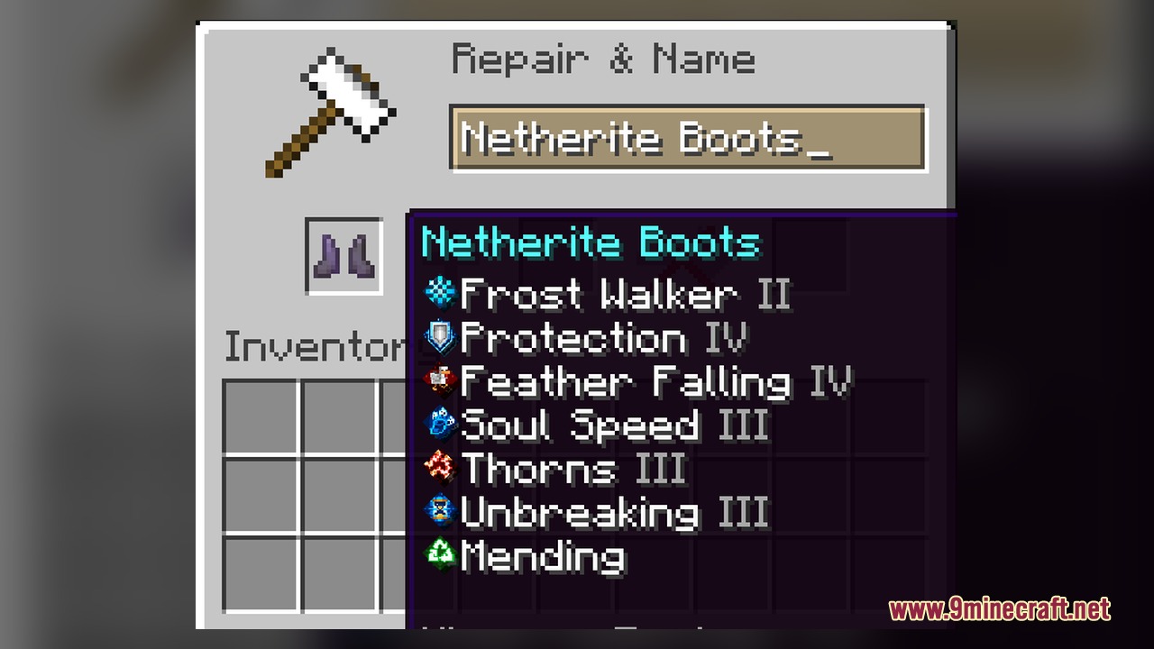 Netherite boots in an anvil showing custom icons next to enchantment names