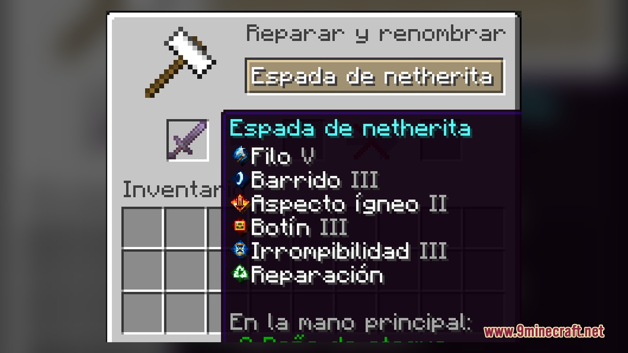 Netherite sword in an anvil displaying unique icons for various enchantments