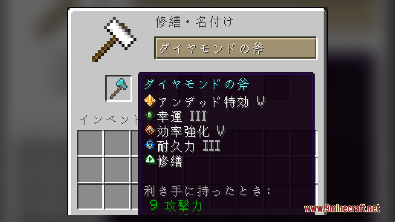 Diamond axe with custom enchantment icons from the AL Dungeons resource pack
