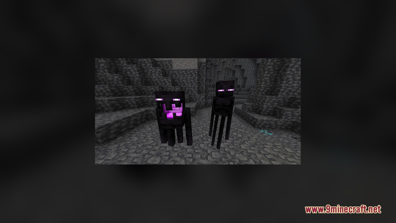 A short bulky Enderman variant stands next to a tall one underground