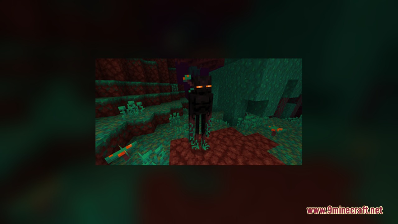 An Enderman with glowing orange eyes explores the colorful Warped Forest biome