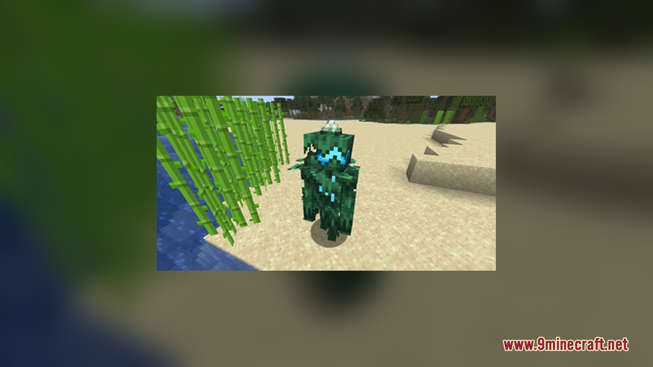 A green aquatic mob standing on a sandy beach next to sugar cane