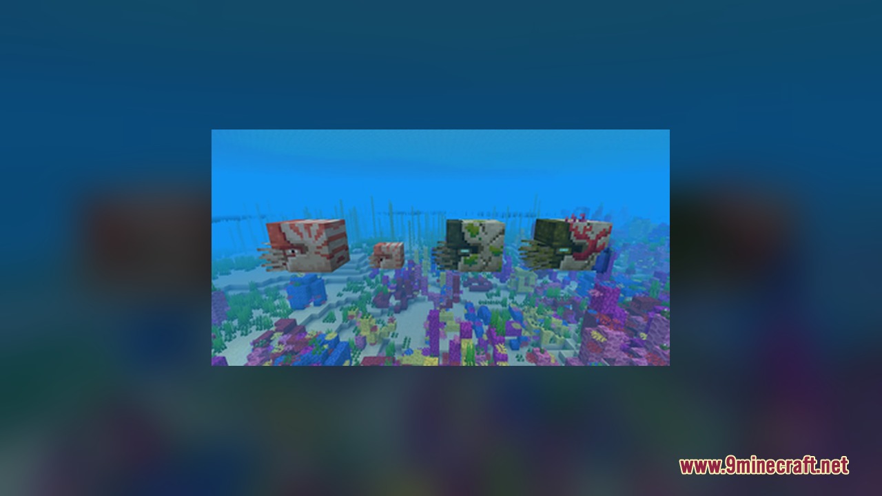 AL's Squids & Nautiluses Resource Pack Screenshot 1 Various nautilus variants swimming together in a colorful coral reef biome