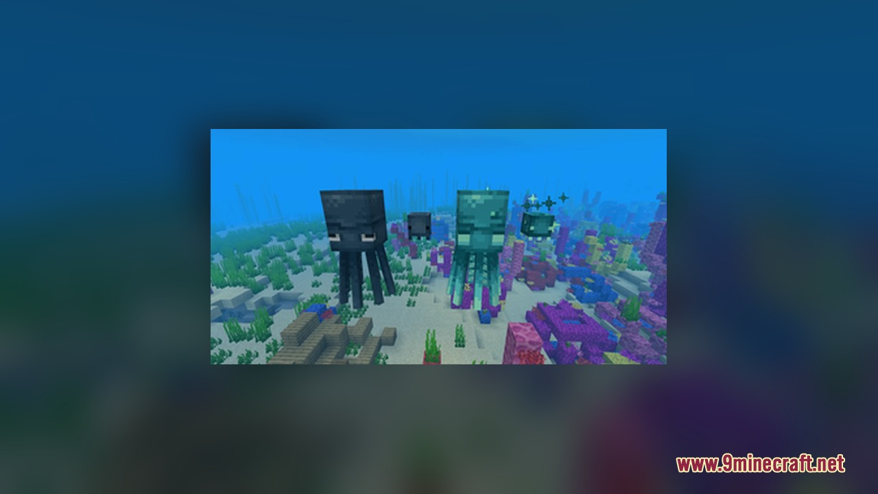 AL's Squids & Nautiluses Resource Pack Screenshot 2 Adult and baby squids swimming alongside glow squids in the ocean