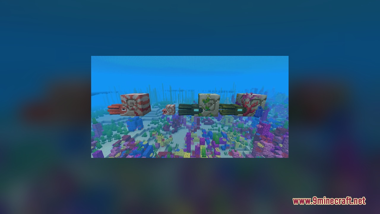 AL's Squids & Nautiluses Resource Pack Screenshot 4 Different nautilus and ammonite mob variants swimming in a vibrant coral reef