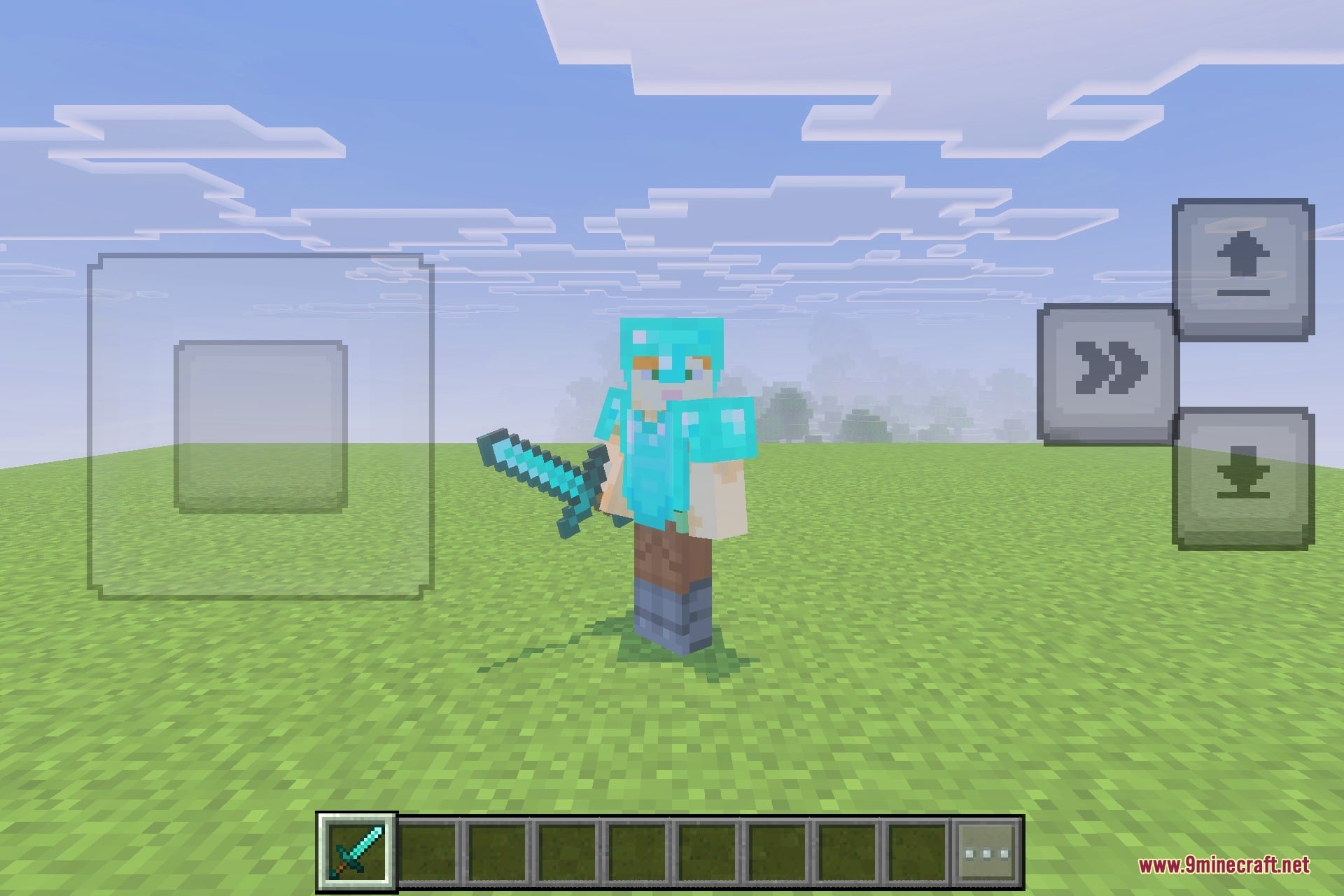 A Minecraft character wearing full diamond armor and holding a diamond sword outdoors
