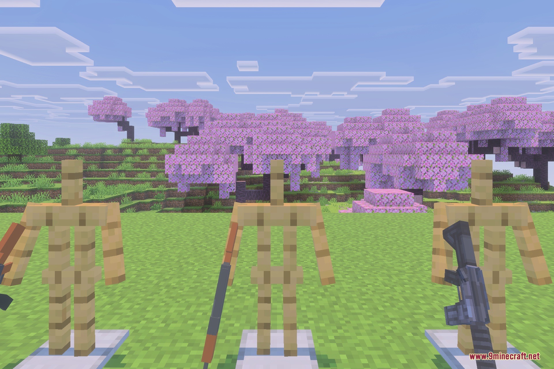 Armor stands holding realistic firearms from the Absolute Guns mod update