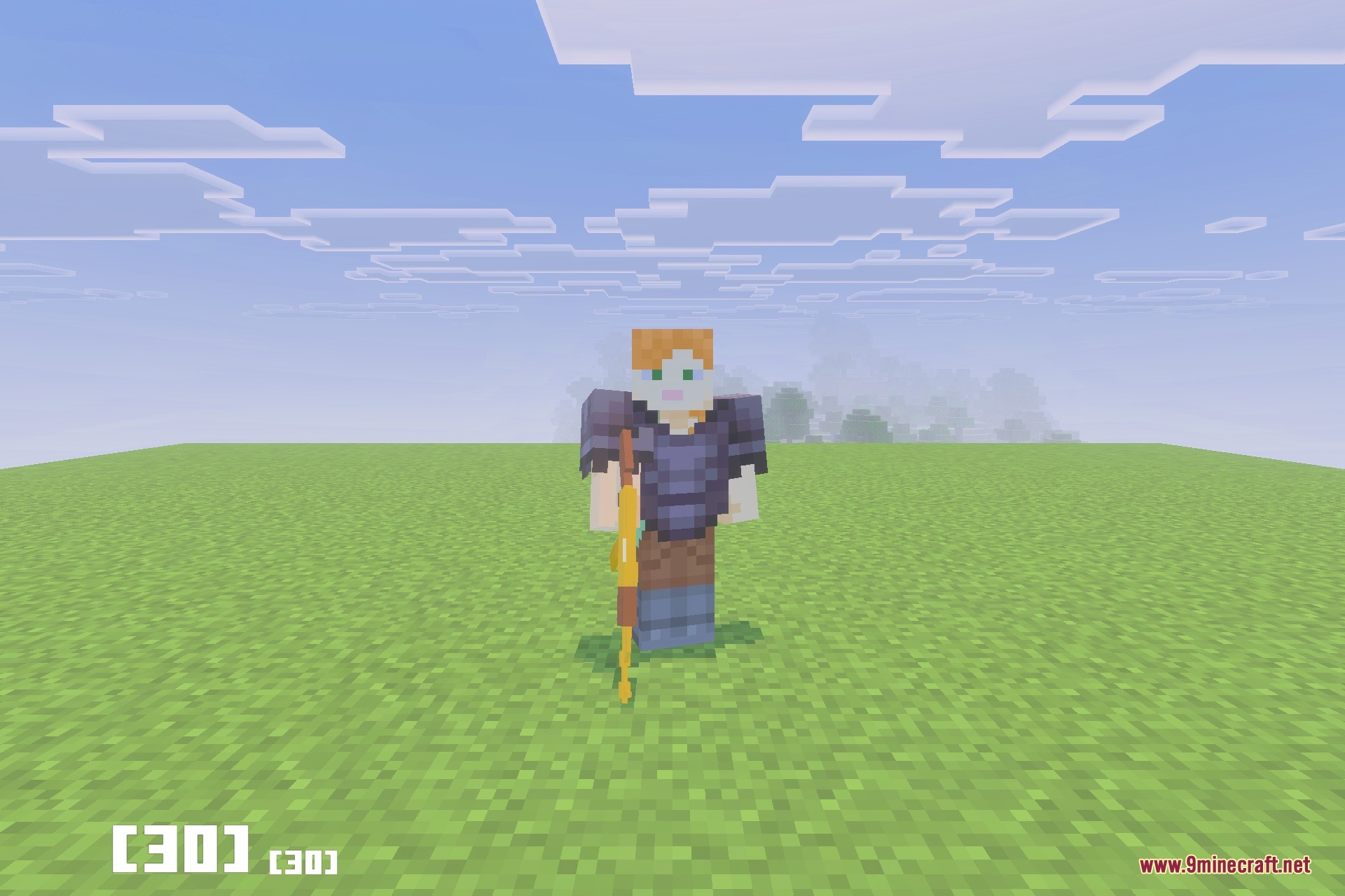 A player wearing armor stands in a field holding a golden firearm
