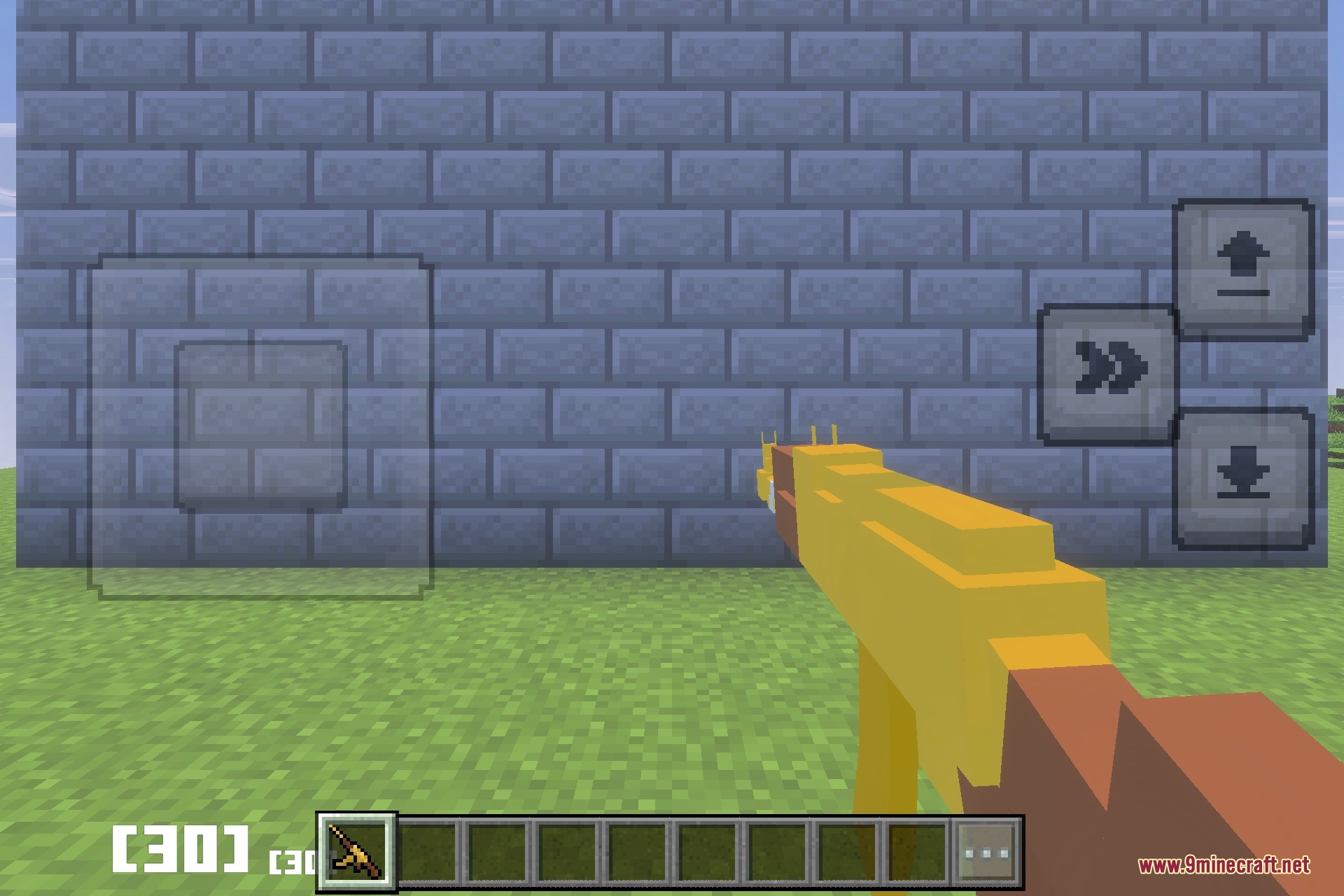 First person view of a player aiming a golden gun at stone bricks