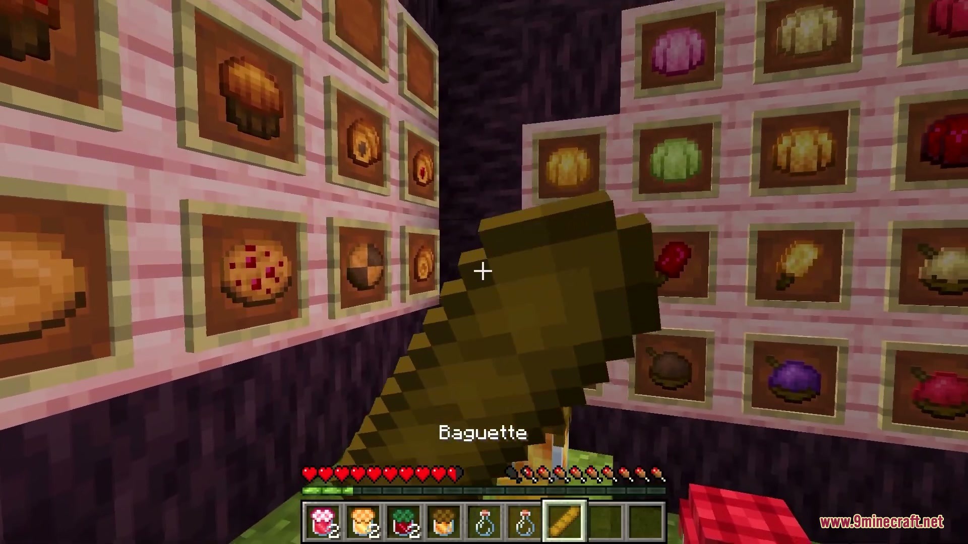 Abundant Harvest Table Mod Screenshot 2 Player holding a baguette item while looking at many food displays