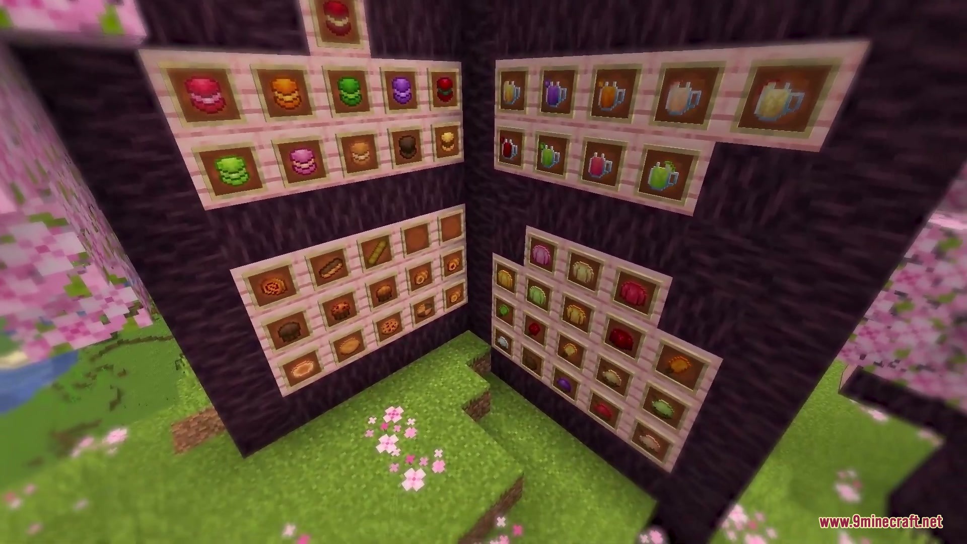 Abundant Harvest Table Mod Screenshot 3 Displaying various baked goods and fruit drinks in item frames on the wall