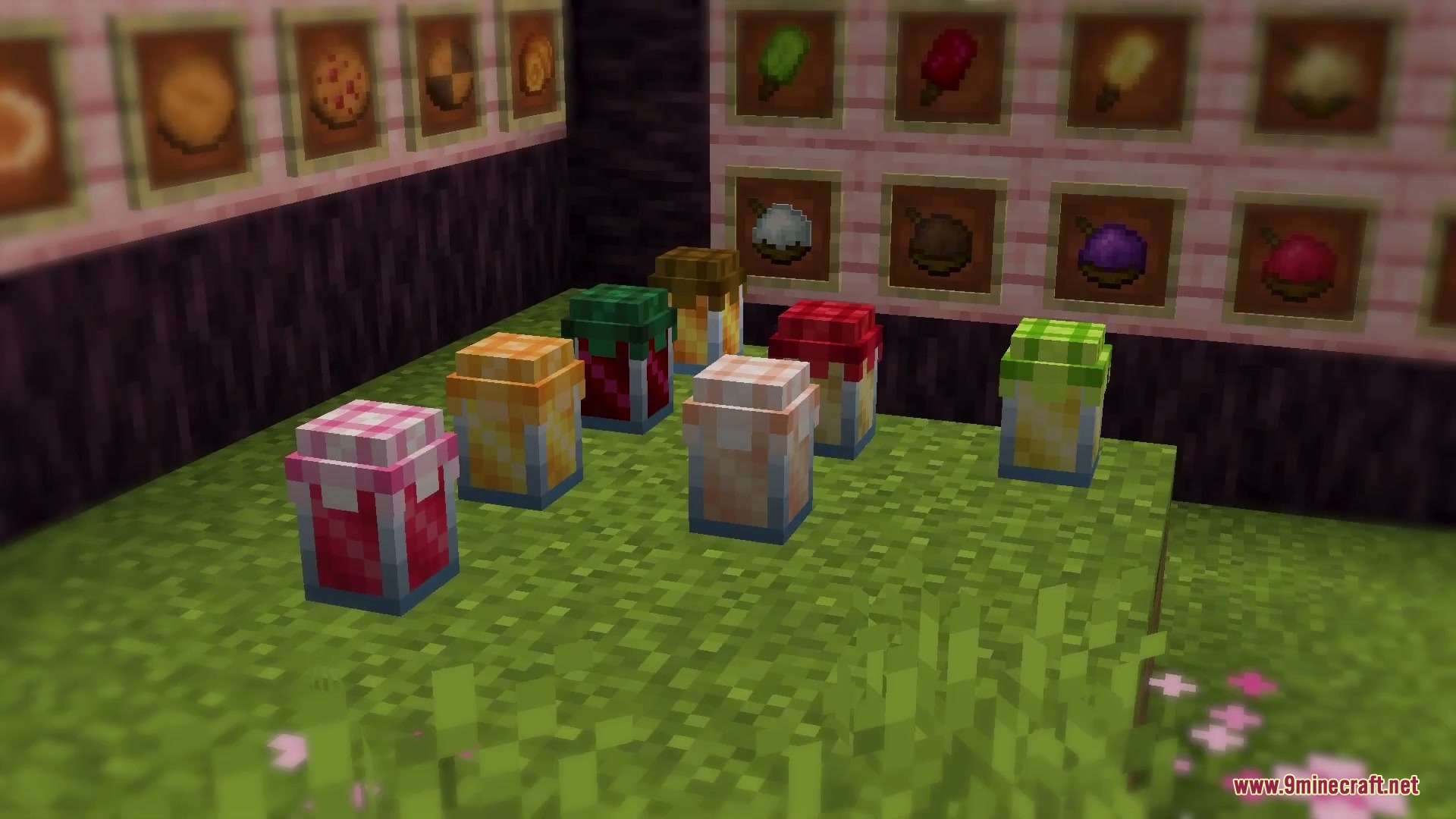 Abundant Harvest Table Mod Screenshot 6 Colorful jars of fruit jam and jelly with checkered lids displayed on the grass