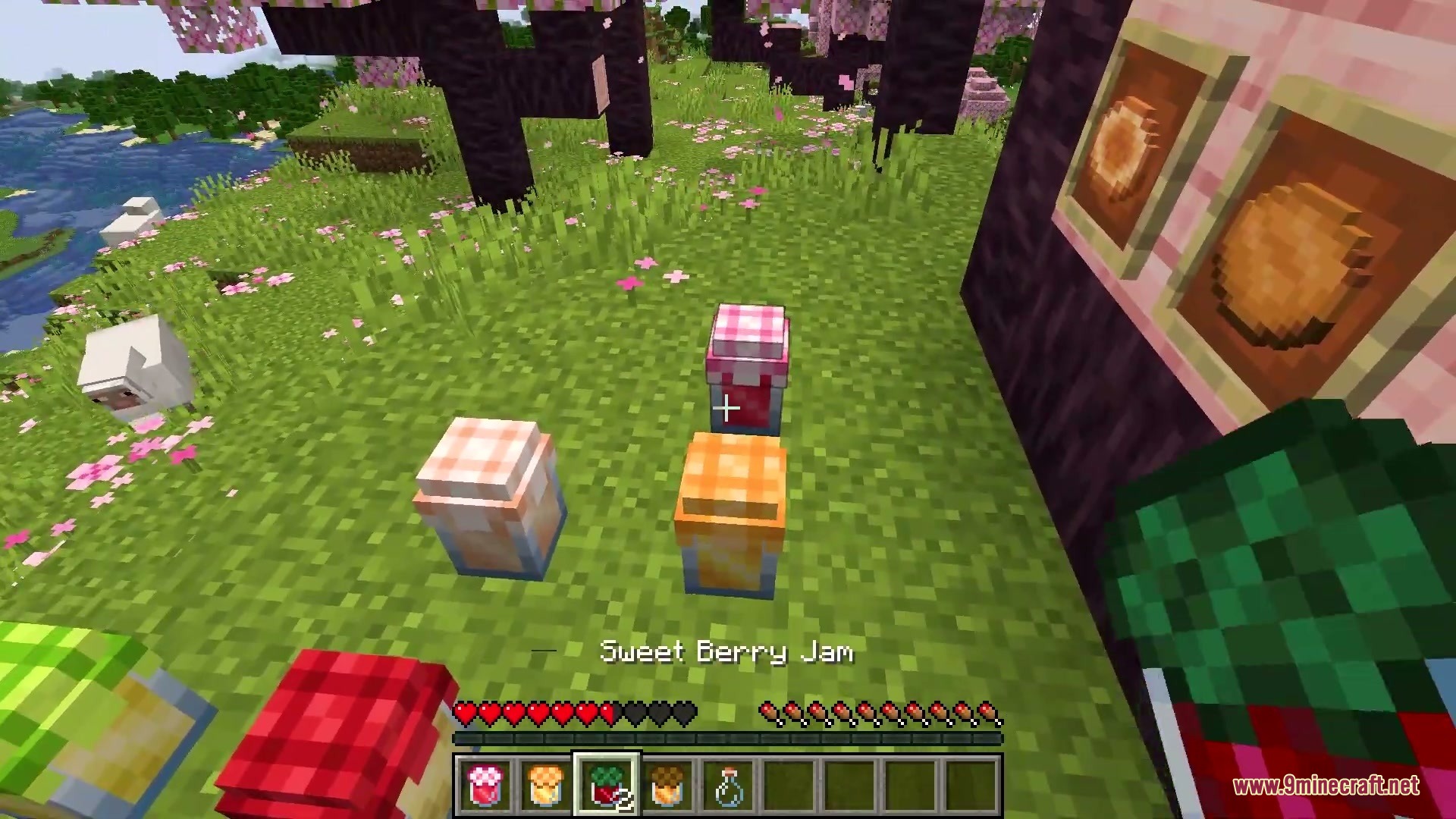 Abundant Harvest Table Mod Screenshot 9 Player holding sweet berry jam near decorative jars in a cherry blossom forest
