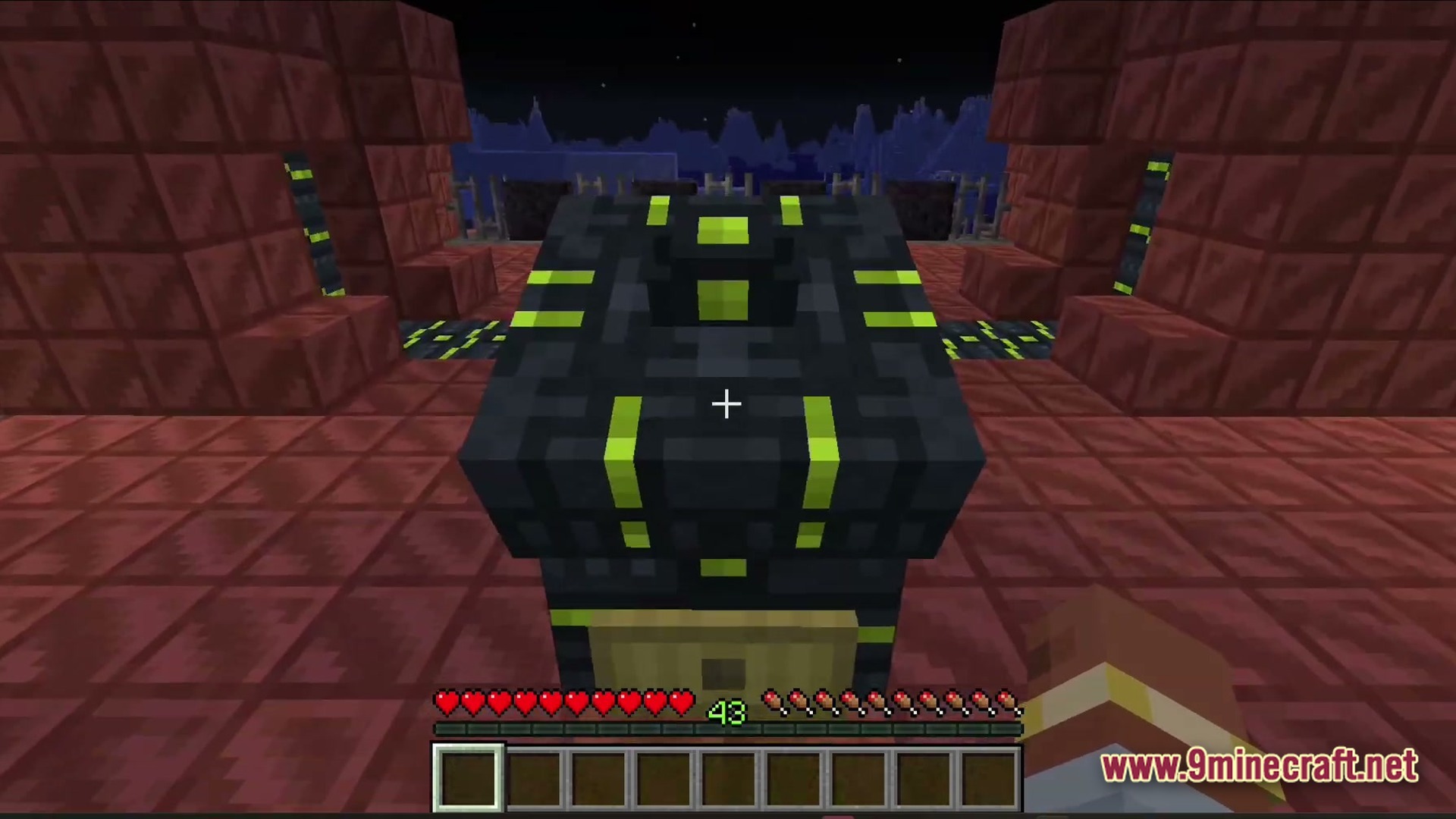 Abyssal Tide Rising Modpack Screenshot 1 A first-person view of a dark industrial machine with lime green accents on red blocks