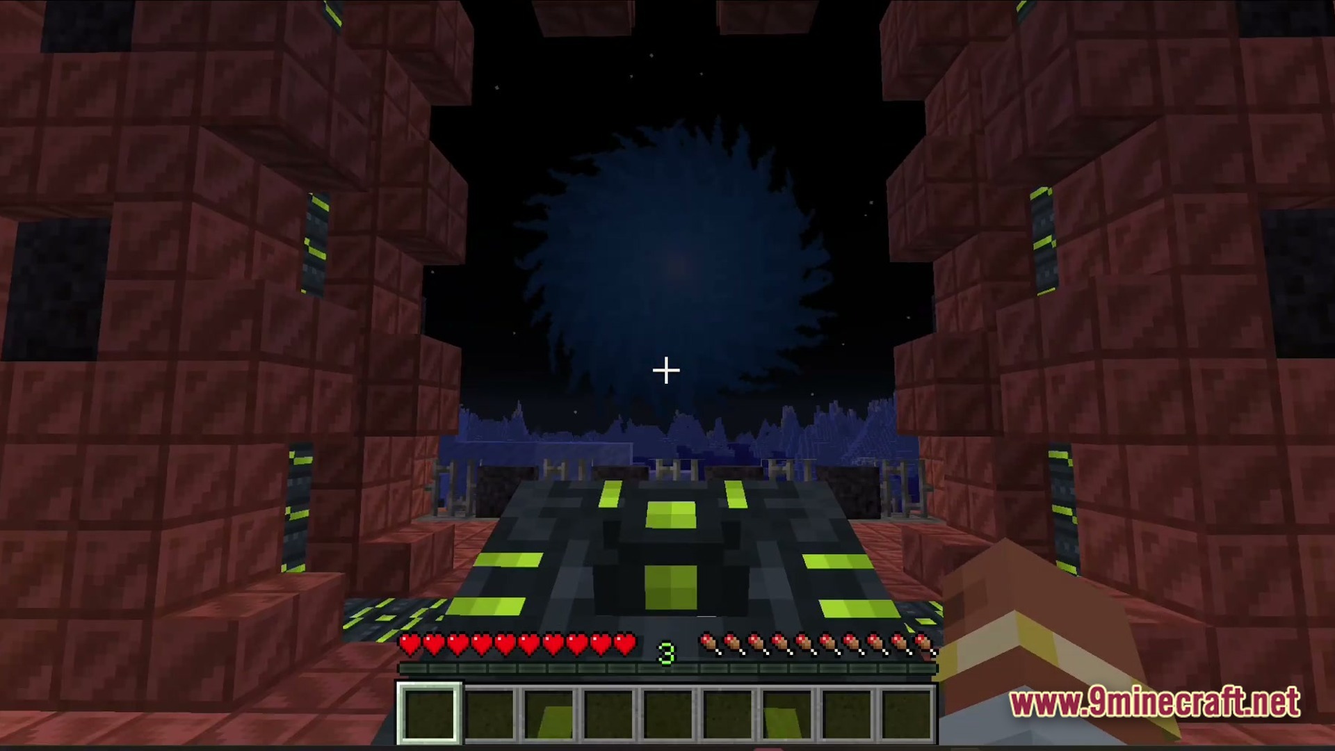 Abyssal Tide Rising Modpack Screenshot 2 A dark swirling vortex viewed from a mechanical platform framed by red block structures