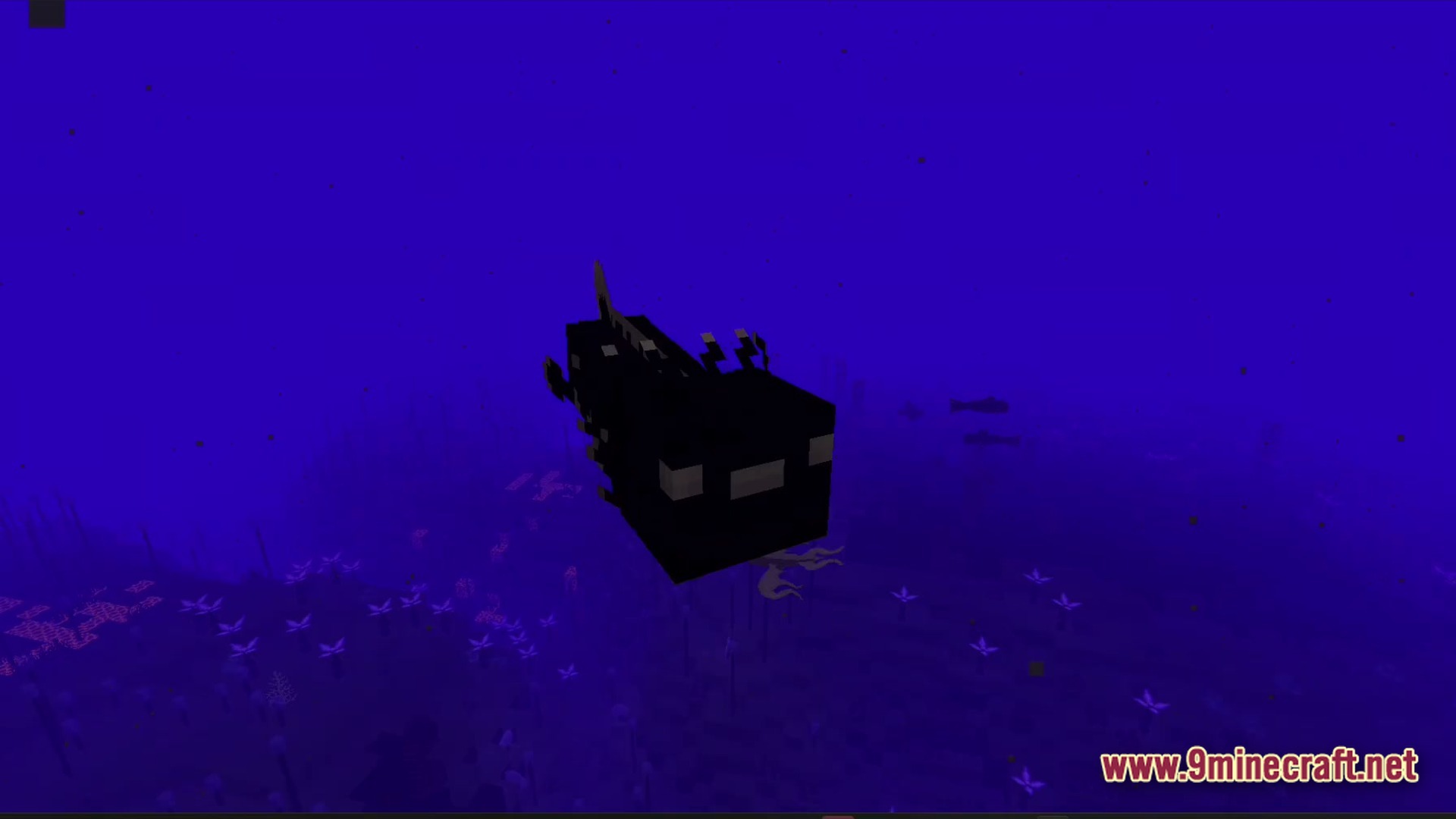 Abyssal Tide Rising Modpack Screenshot 4 A dark, blocky aquatic creature swims through a deep purple underwater biome with glowing flora