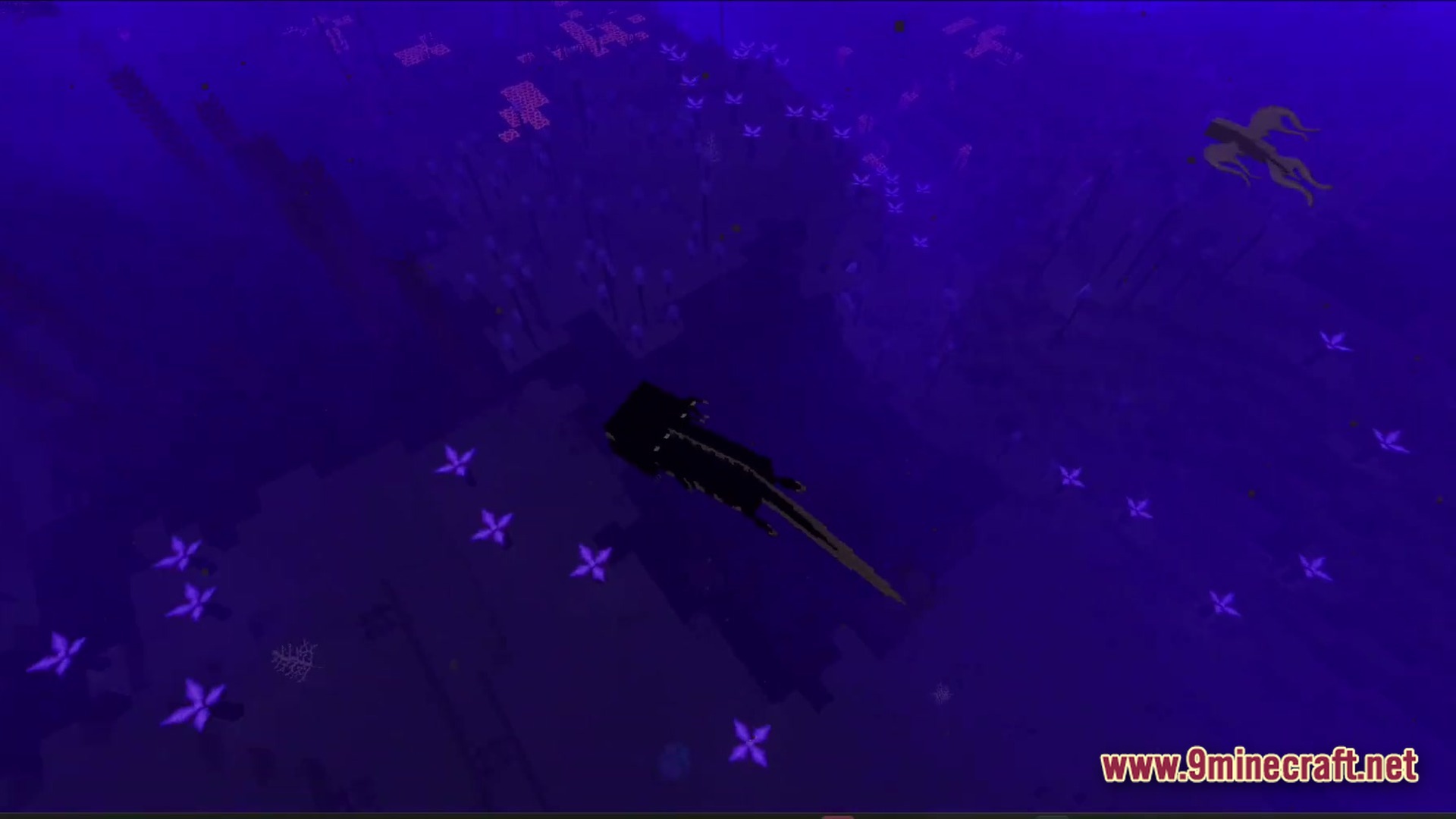 Abyssal Tide Rising Modpack Screenshot 5 Large aquatic creatures swim through a dark purple underwater biome filled with bioluminescent flora