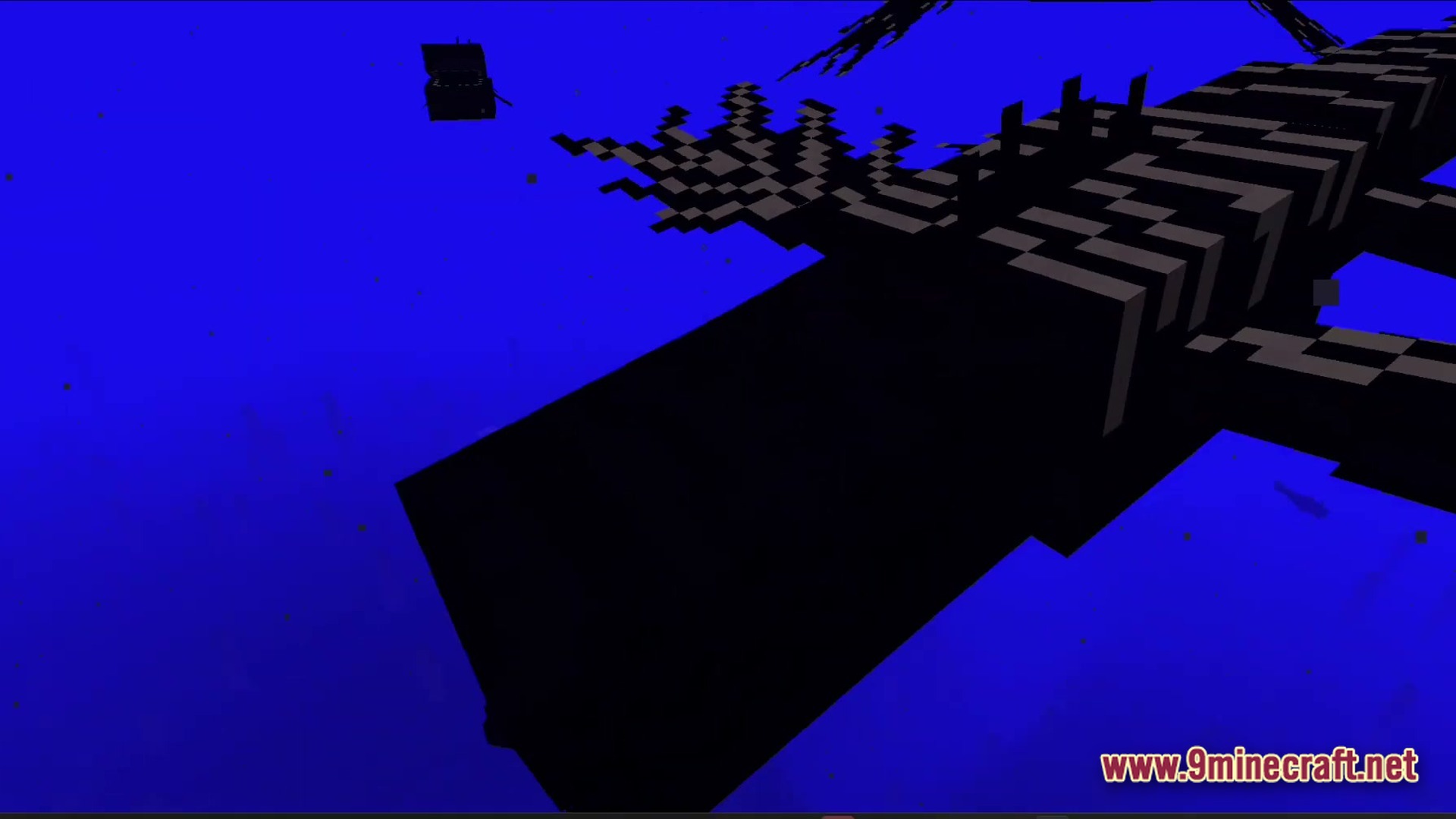 Abyssal Tide Rising Modpack Screenshot 6 A large, dark aquatic creature swims through a deep blue underwater environment near a chest