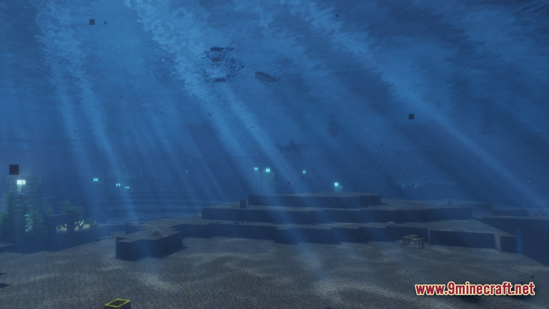 Abyssal Tide Rising Modpack Screenshot 7 Sunlight filters through deep water onto an underwater landscape featuring stone structures and aquatic life