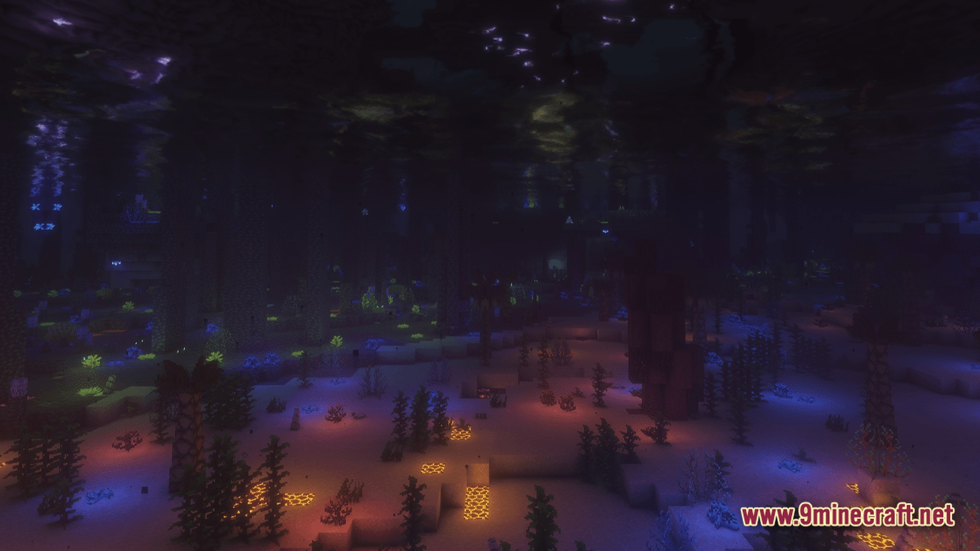 Abyssal Tide Rising Modpack Screenshot 8 Bioluminescent flora and magma blocks illuminate a dark underwater ocean floor with various aquatic plants