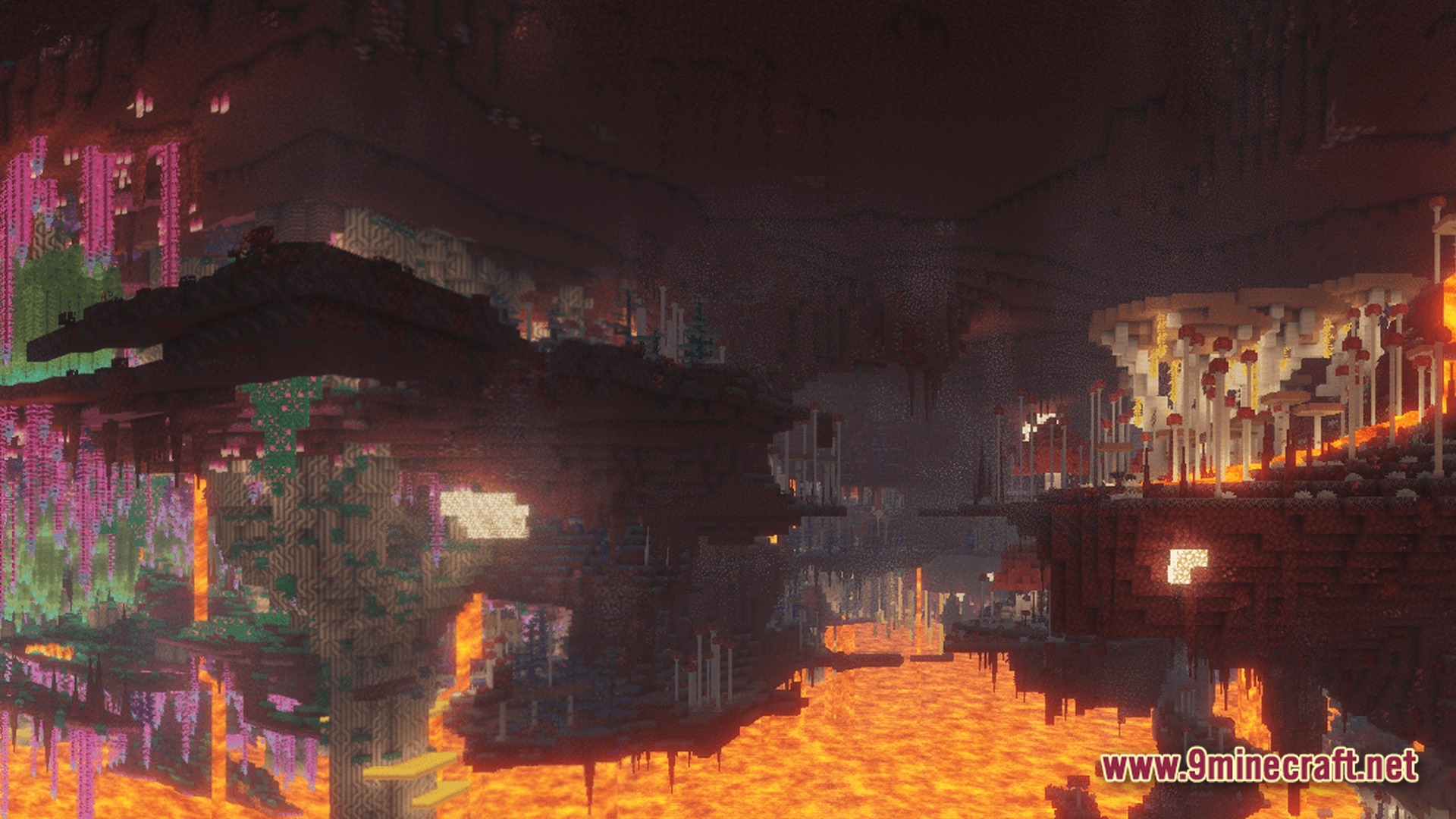 Abyssal Tide Rising Modpack Screenshot 9 A vast Nether cavern featuring diverse fungal biomes, glowing vegetation, and large rivers of molten lava