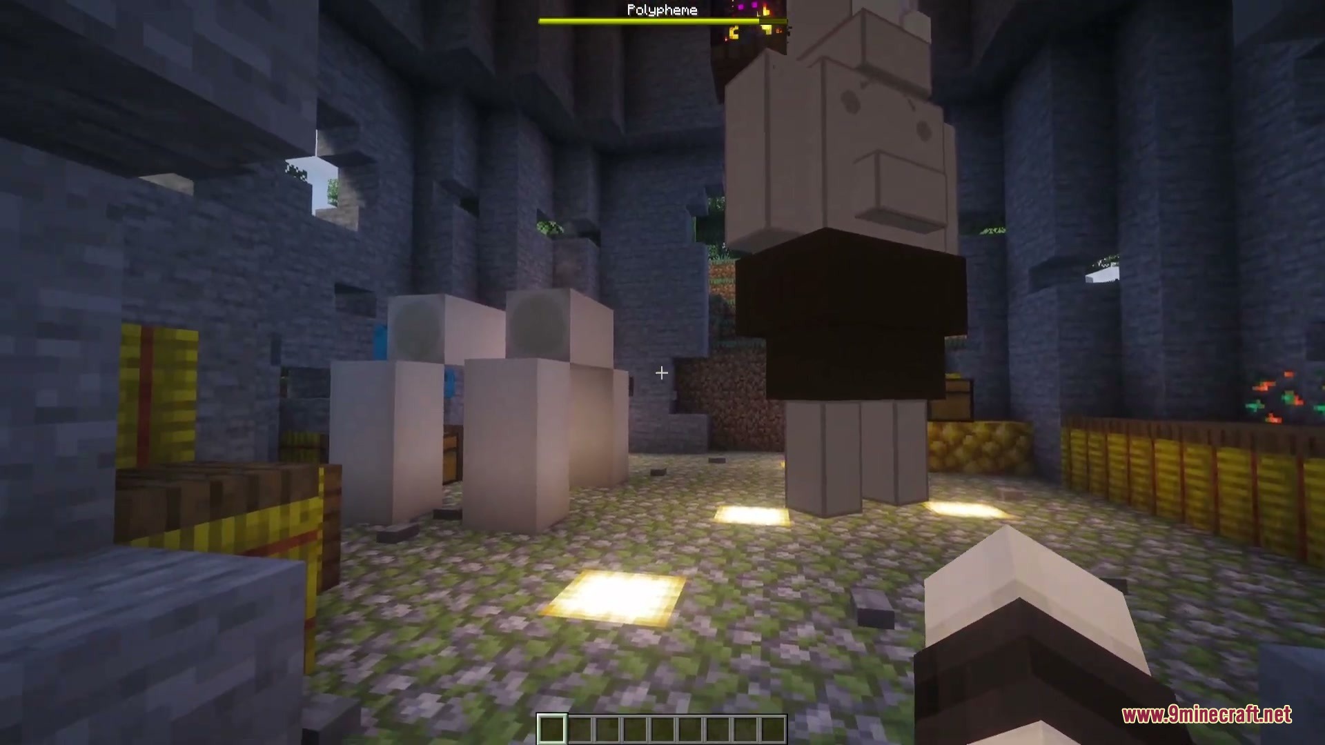 Abyssal Tidecaller Mod Screenshot 1 Polyphemus the Cyclops boss stands inside a custom cave structure with treasure chests