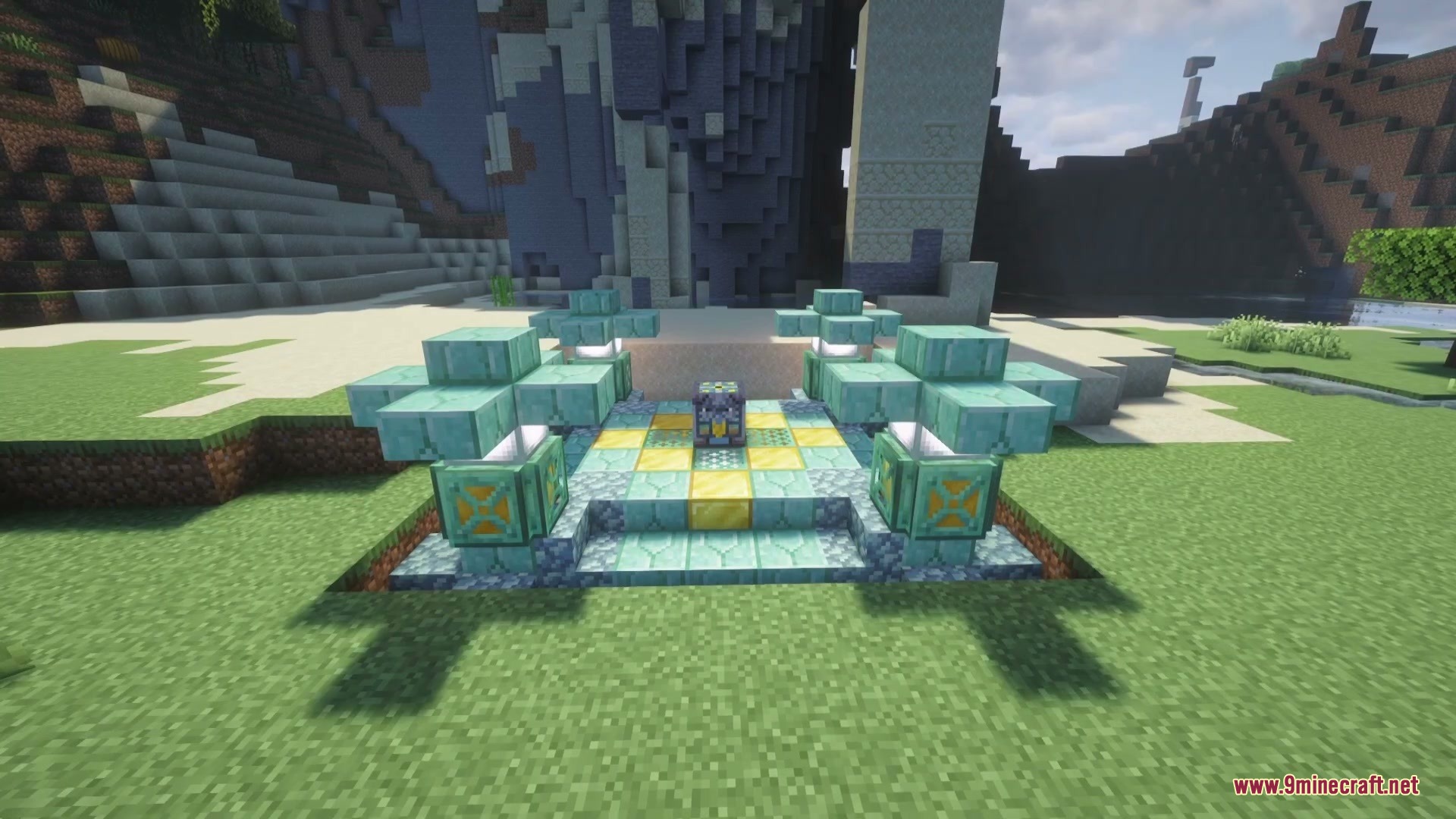 Abyssal Tidecaller Mod Screenshot 2 A mysterious prismarine structure with a central pedestal stands on a grassy plain