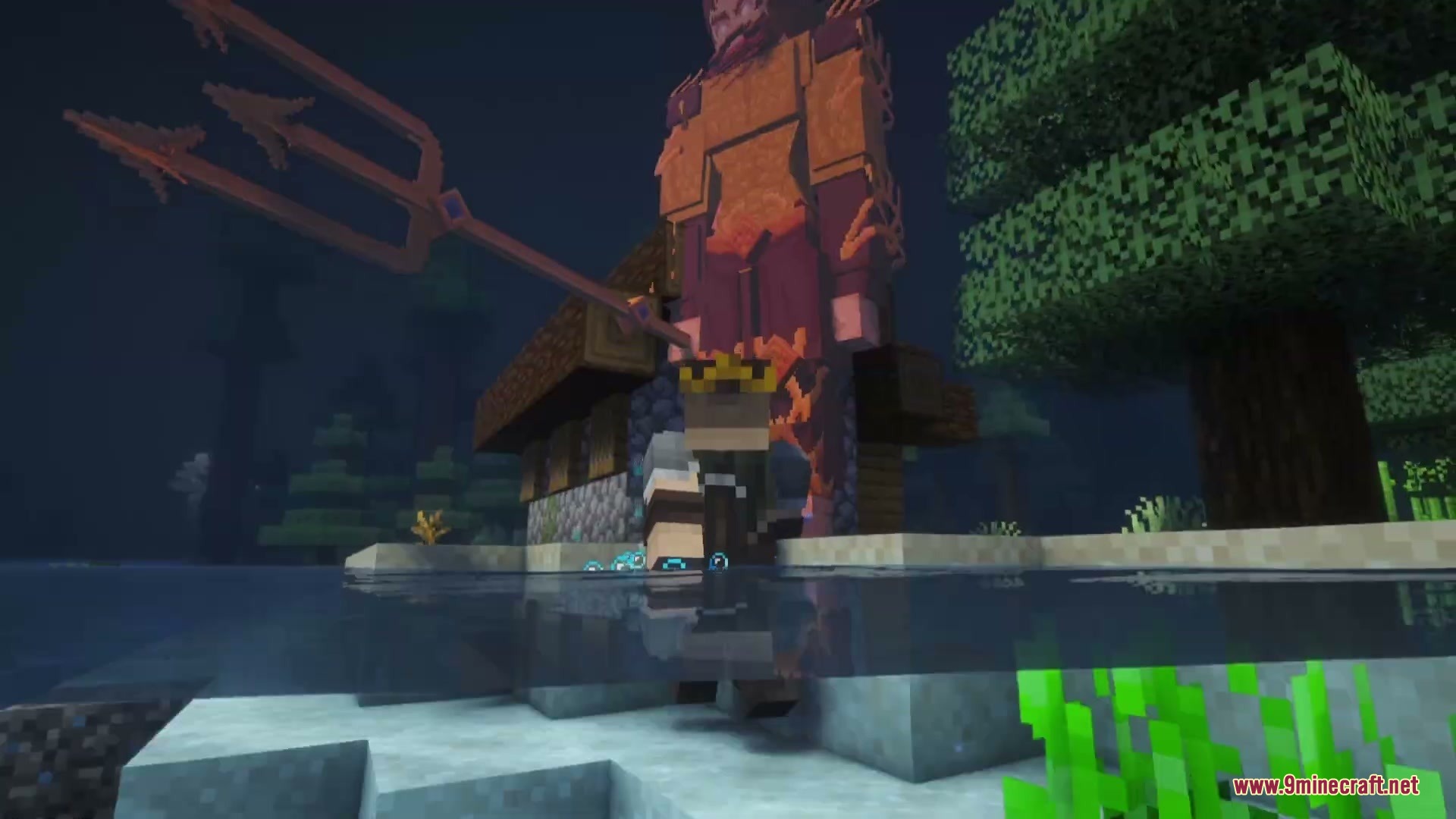 Abyssal Tidecaller Mod Screenshot 3 A player stands in water before a giant sea god holding a trident