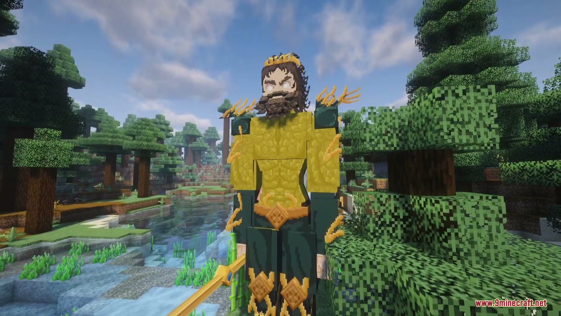 Abyssal Tidecaller Mod Screenshot 4 The giant sea god boss wearing golden armor stands in a forest biome