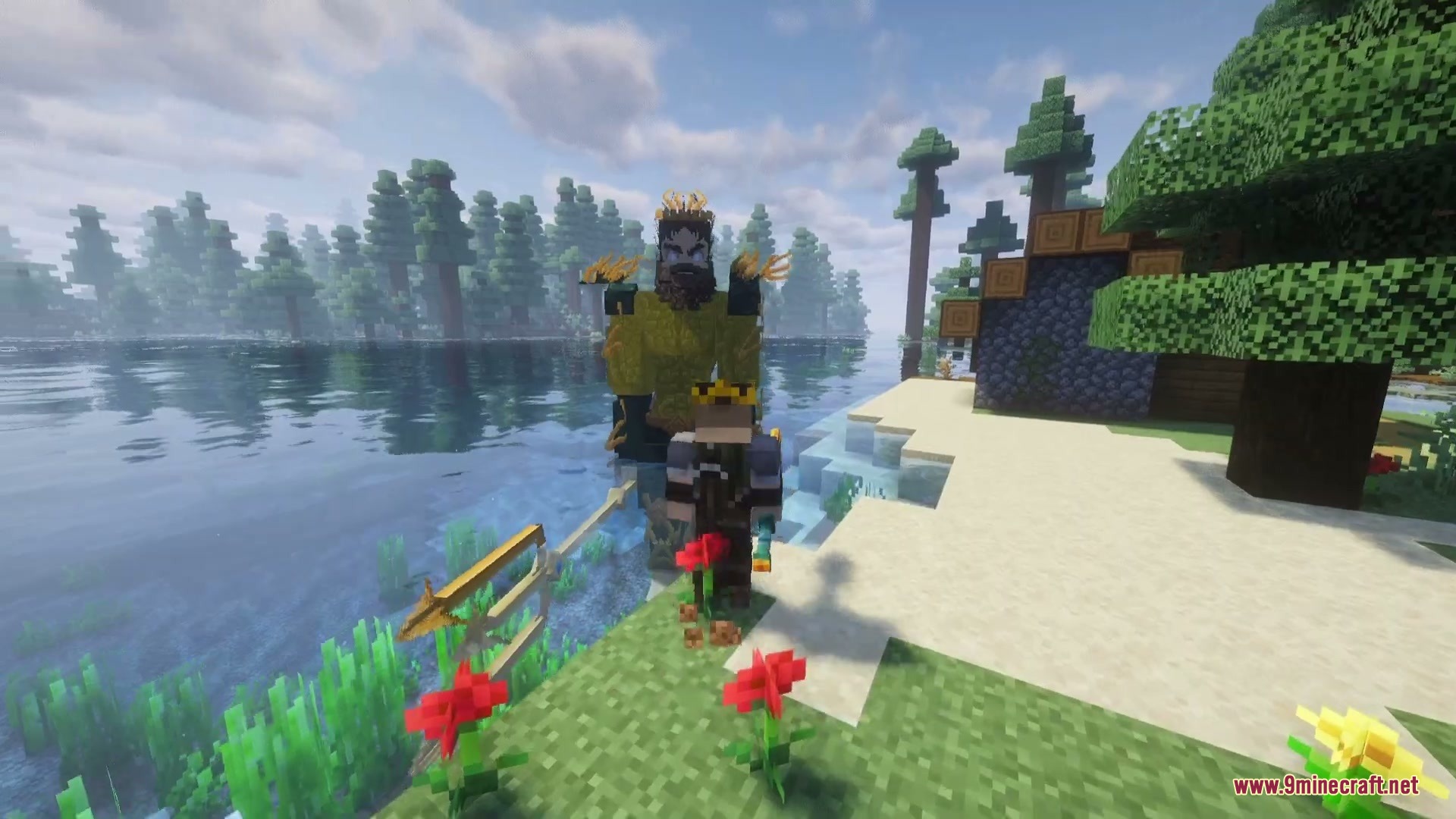 Abyssal Tidecaller Mod Screenshot 5 A player holds a golden trident while a giant Poseidon boss stands nearby